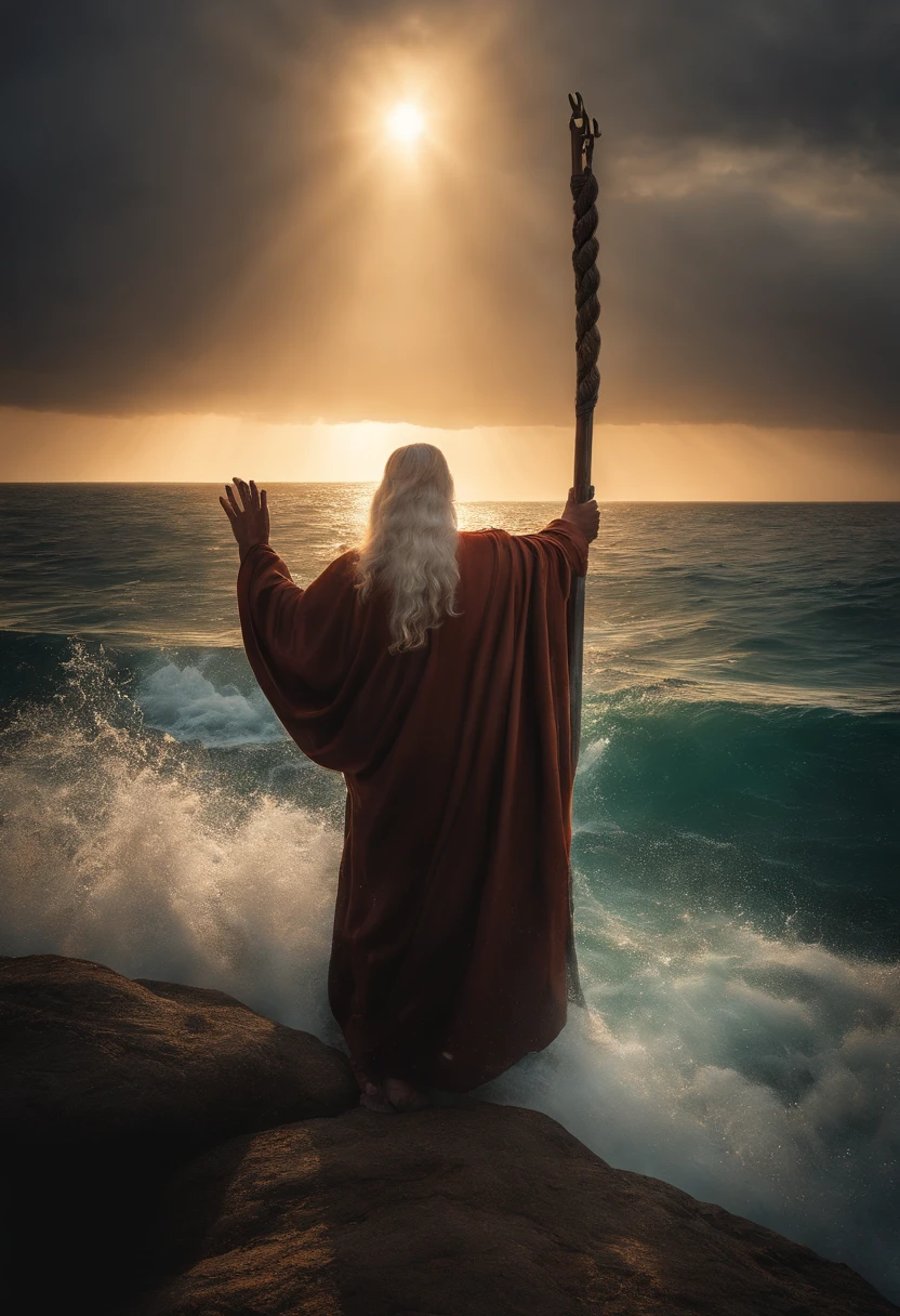 Moses stretches out his hand and staff over the sea and the sea opens into two great columns of water. Biblical miracle of the opening of the Red Sea. Smooth expression, streaks of light descending from the sky, obra-prima, alta qualidade, altamente detalhado, fotos premiadas, bokeh, profundidade de campo, HDR, bloom, chromatic aberration, realista, muito detalhado, trending in the artstation, trend in CGSociety, complexo, alto detalhe, dramatic, arte no meio da jornada, volumeric lighting