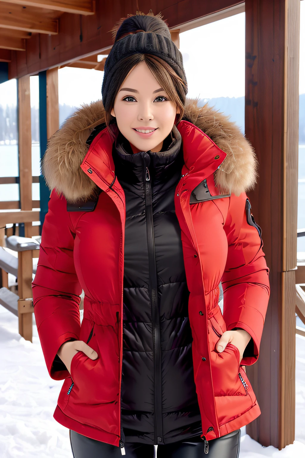 Make a woman with big breast, Red long winterjacket , with open zipper, with face, body, Lakeside house, travel bag, black pants, dog