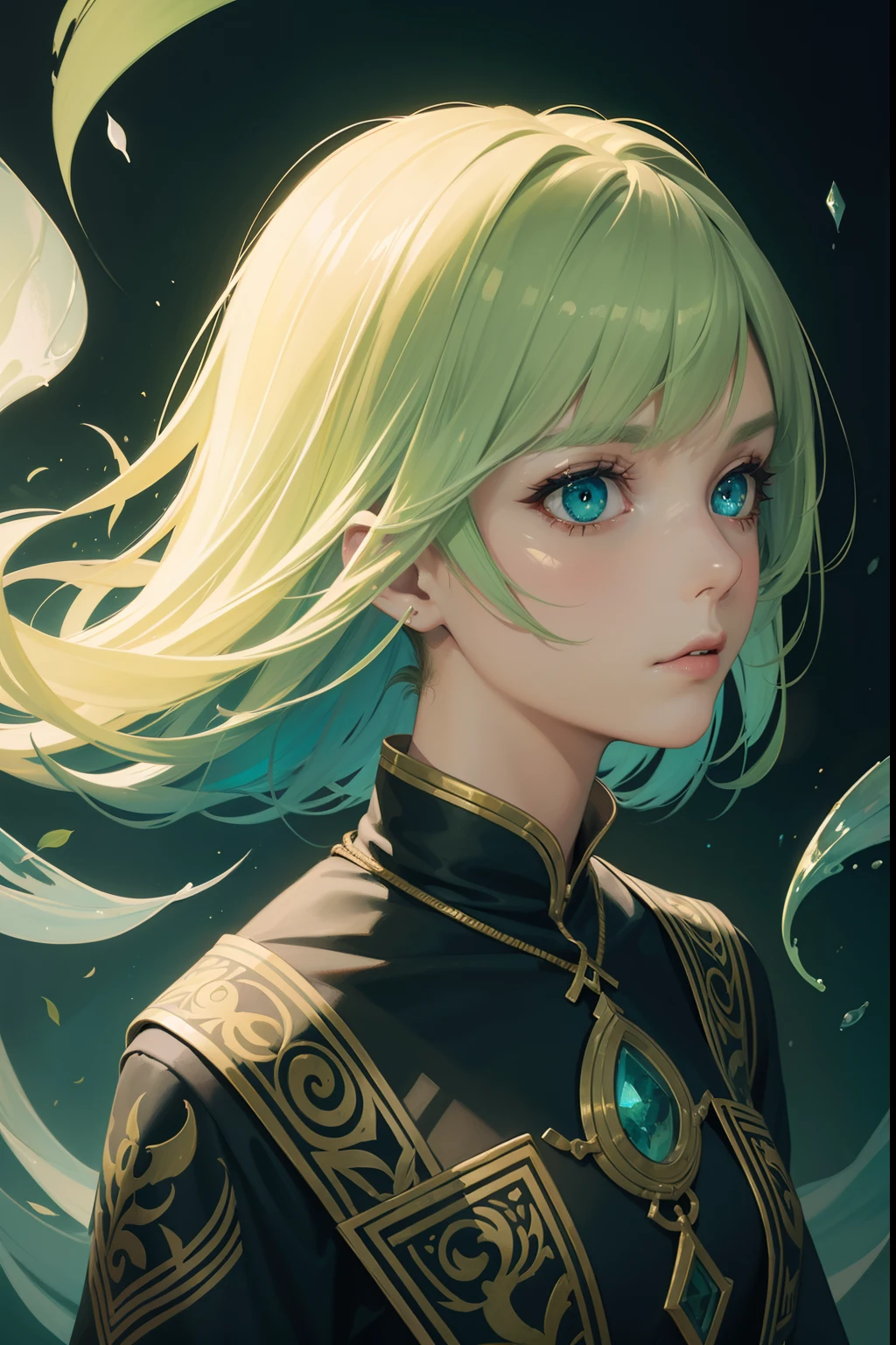 never look back again girl, small inverted triangular face, glowing smoke eye of brilliant green, milky blond hair, glimmer glass hair, loneliness expression, portrait, upper body, tarot card illustration detail, water color painting, oil painting, matte painting of batik finish,