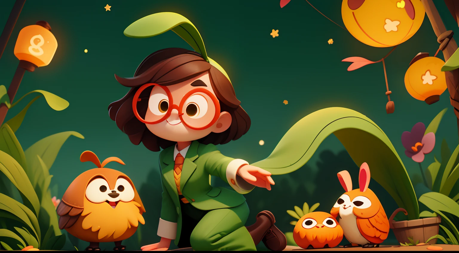1woman,brunette color hair,dressed in a green suit,green eye glasses, hand holding lantern,ace shape lantern, Outdoor on the street,There are lanterns,lanterns,There are moons,A small number of rabbit,((Mid-Autumn Festival)),Cartoony,pixar-style,3D,Cartoony,(Masterpiece,4k, hi-res, Best quality,Rich in intricate details)