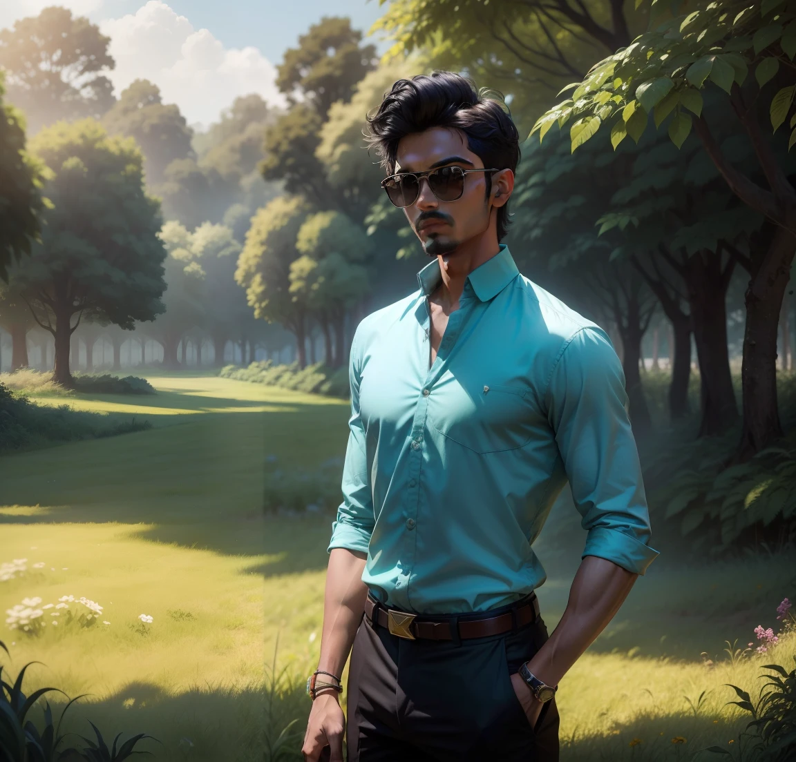 arafed man in sunglasses standing in a field of grass, amidst nature, in front of a forest background, jayison devadas, ayan nag, in jungle, jayison devadas style, inspired by Bikash Bhattacharjee, around 1 9 years old, assamese aesthetic, mohamed chahin style, * colour splash *, in garden, in sunny weather