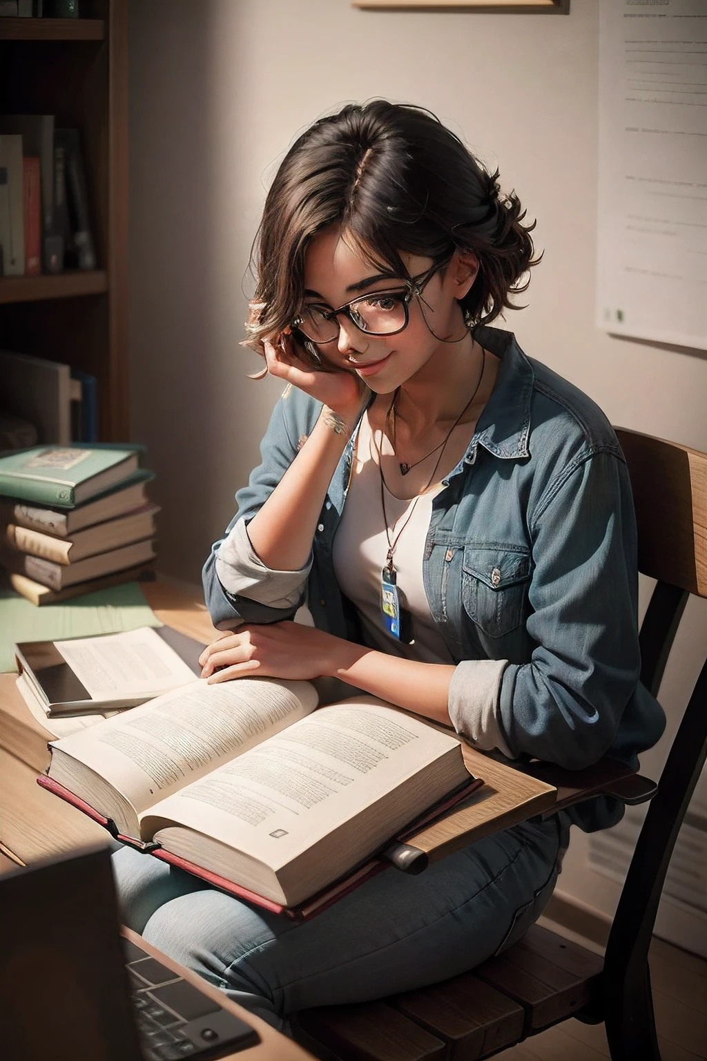 crie uma imagem de um estudante de enfermagem na frente de um computador lendo um livro digital, sorridente, ao fundo uma casa de campo com o dia ensolarado