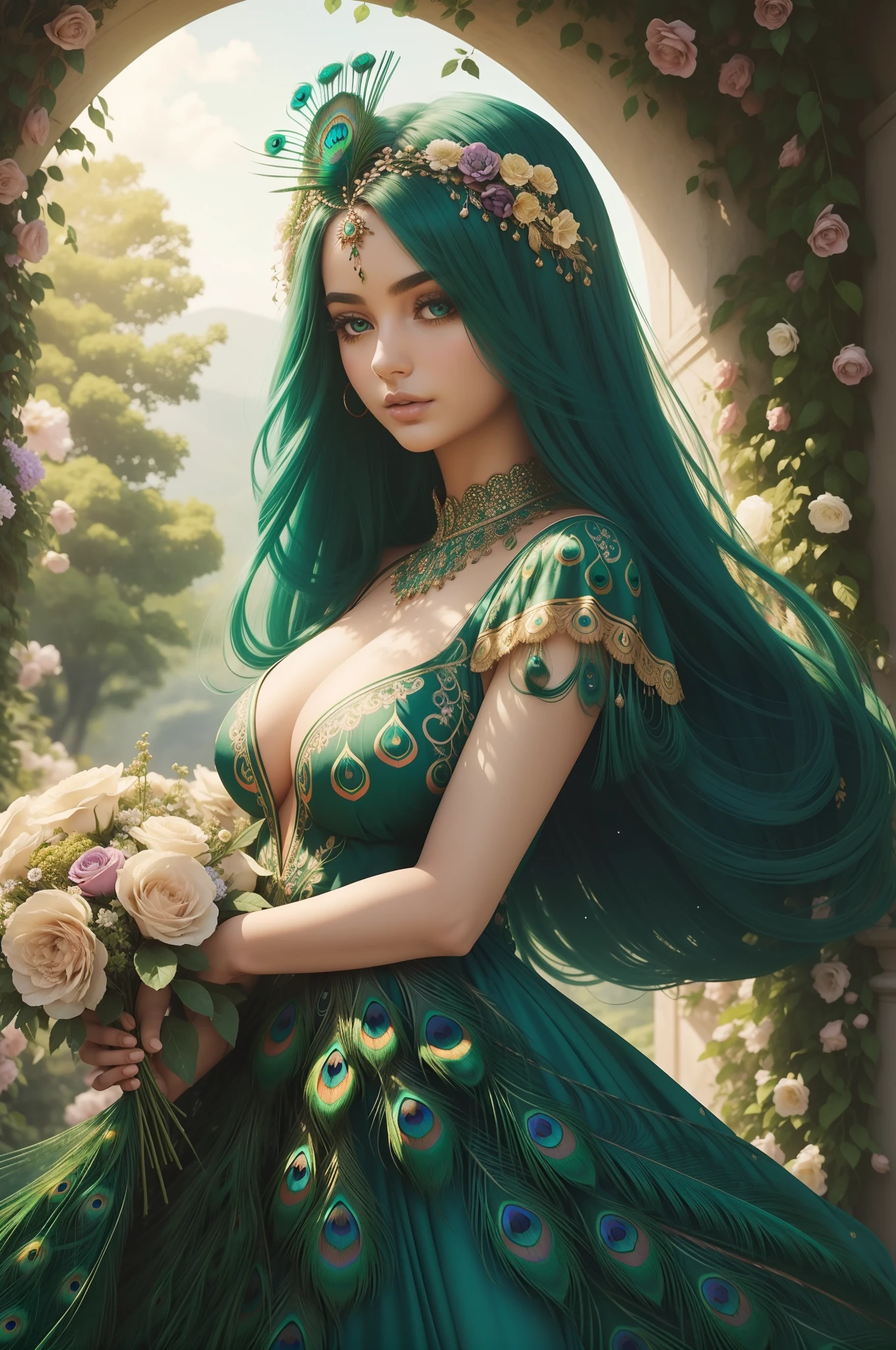 a beautiful peacock goddess, close up, small breasts, surrounded by flowers, in a floral garden, long dark green hair, peacock feather modest dress, peacock like dress, soft face, full lips, soft light, floral arch background, garden background, magical scenery, best quality