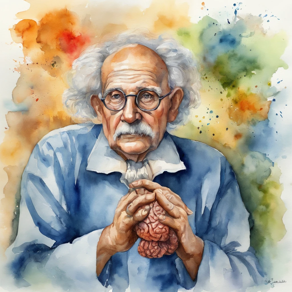 Old scientist with brain in his hands, background parede velha