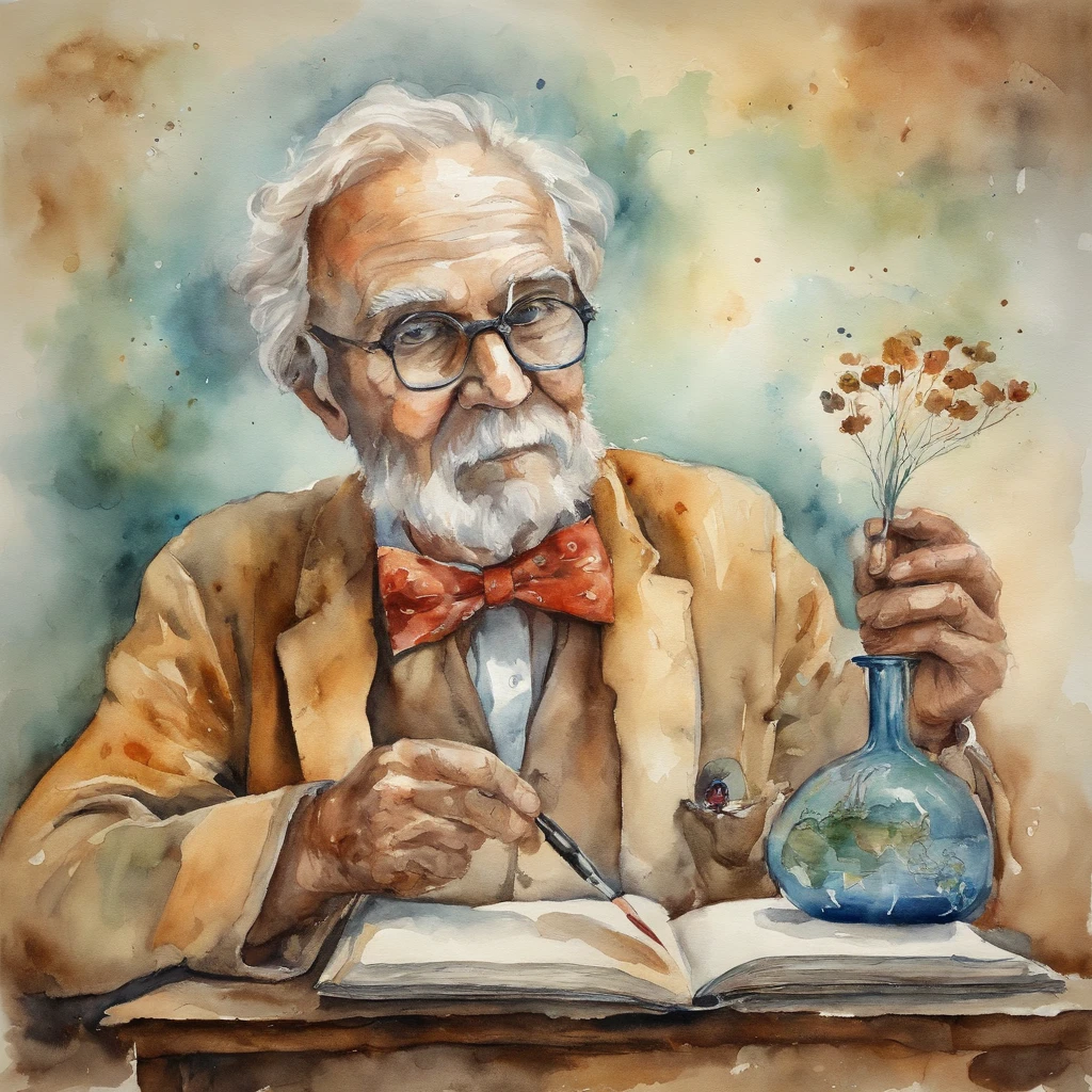 Old scientist with brain in his hands, background parede velha