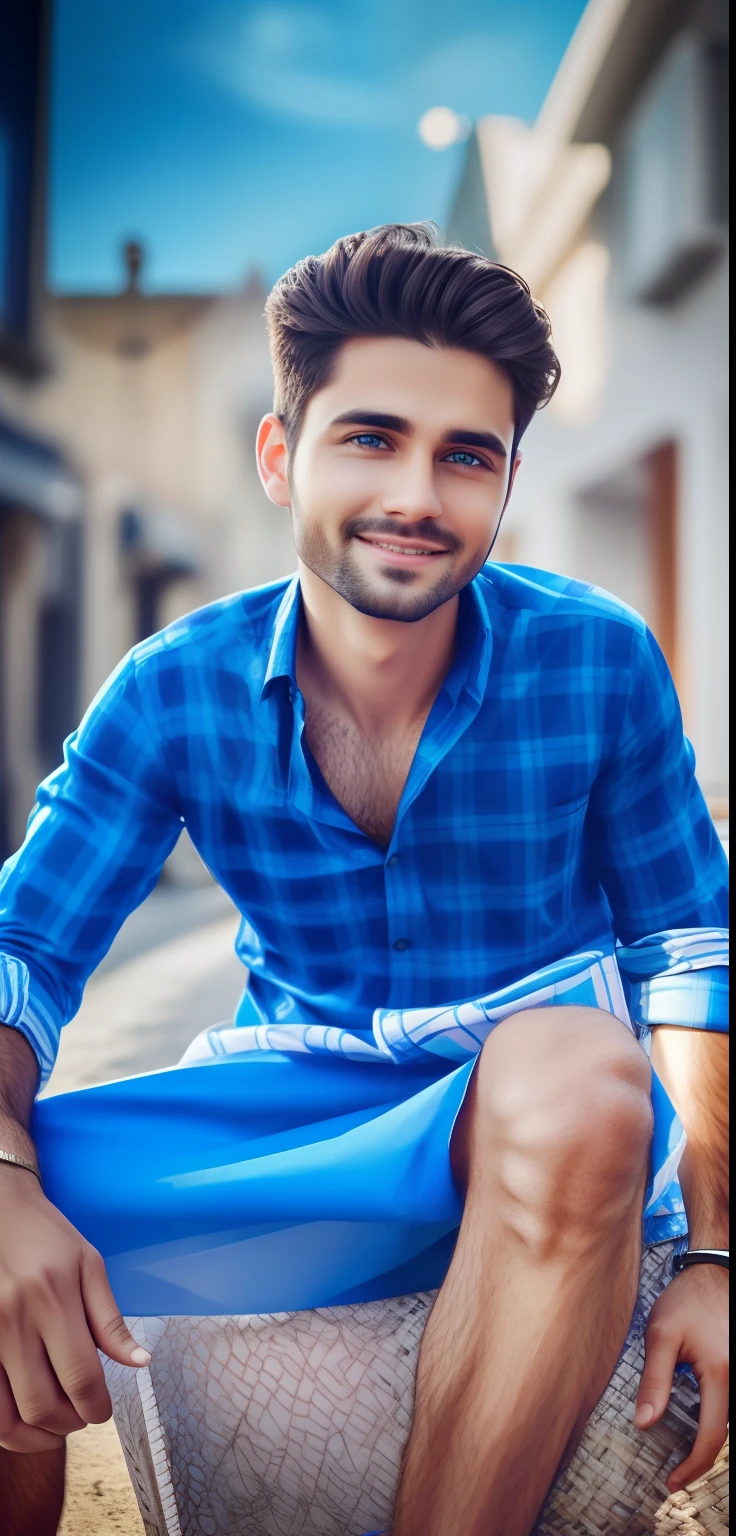 Perfect eyes, perfact face, smooth skin, HD potrait, best quality, 16k ultra HD, blue shirt, perfect smile, realistic,