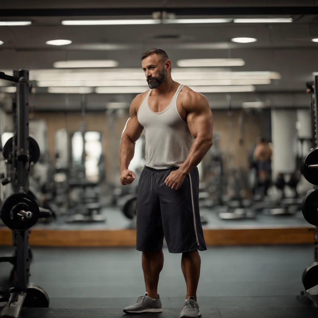 A fit man, working-out at the gym, (expression of focus), serious face, focused expression, 40 years old, realistic, (he is wearing a baggy panties), (gym), full body shot, he is wearing tank top, soft panties, totally loose on the private parts, facing camera, hair messy, detailed face, masterpiece