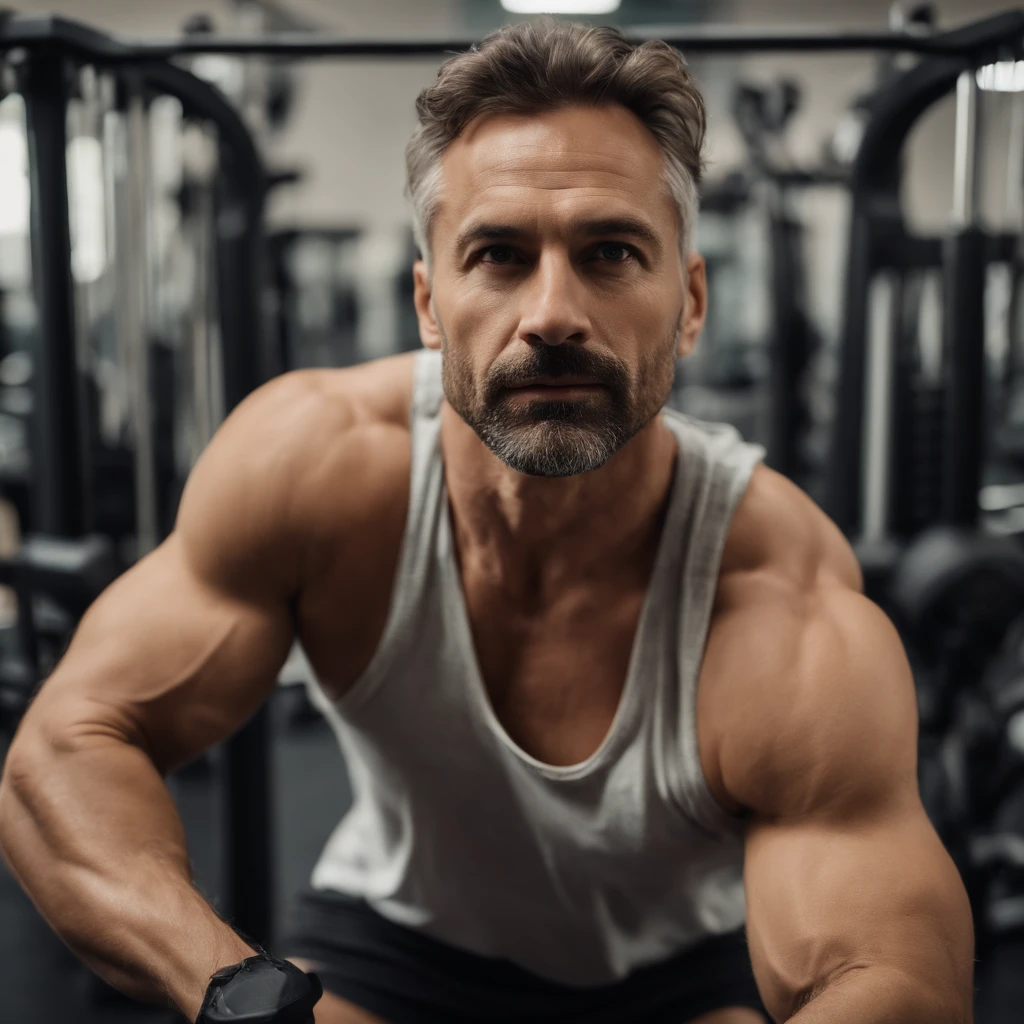 A fit man, working-out at the gym, (expression of focus), serious face, focused expression, 40 years old, realistic, (he is wearing a baggy panties), (gym), full body shot, he is wearing tank top, soft panties, totally loose on the private parts, facing camera, hair messy, detailed face, masterpiece