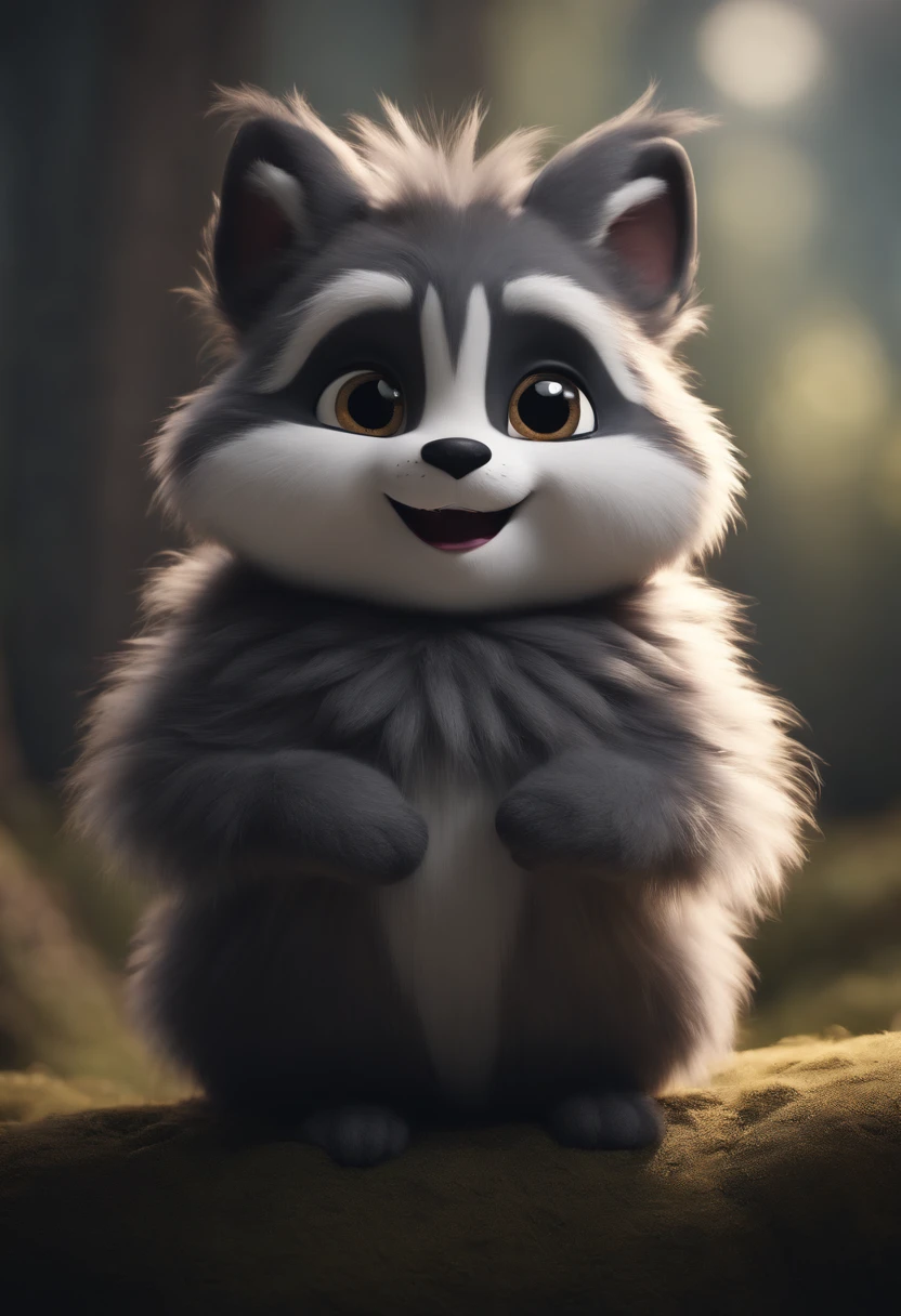 Fluffy cute furry, big fluffy tail, happy face, cute pose, dark grey fur, cute expression, niji, chibi, anthropomorphic, full body