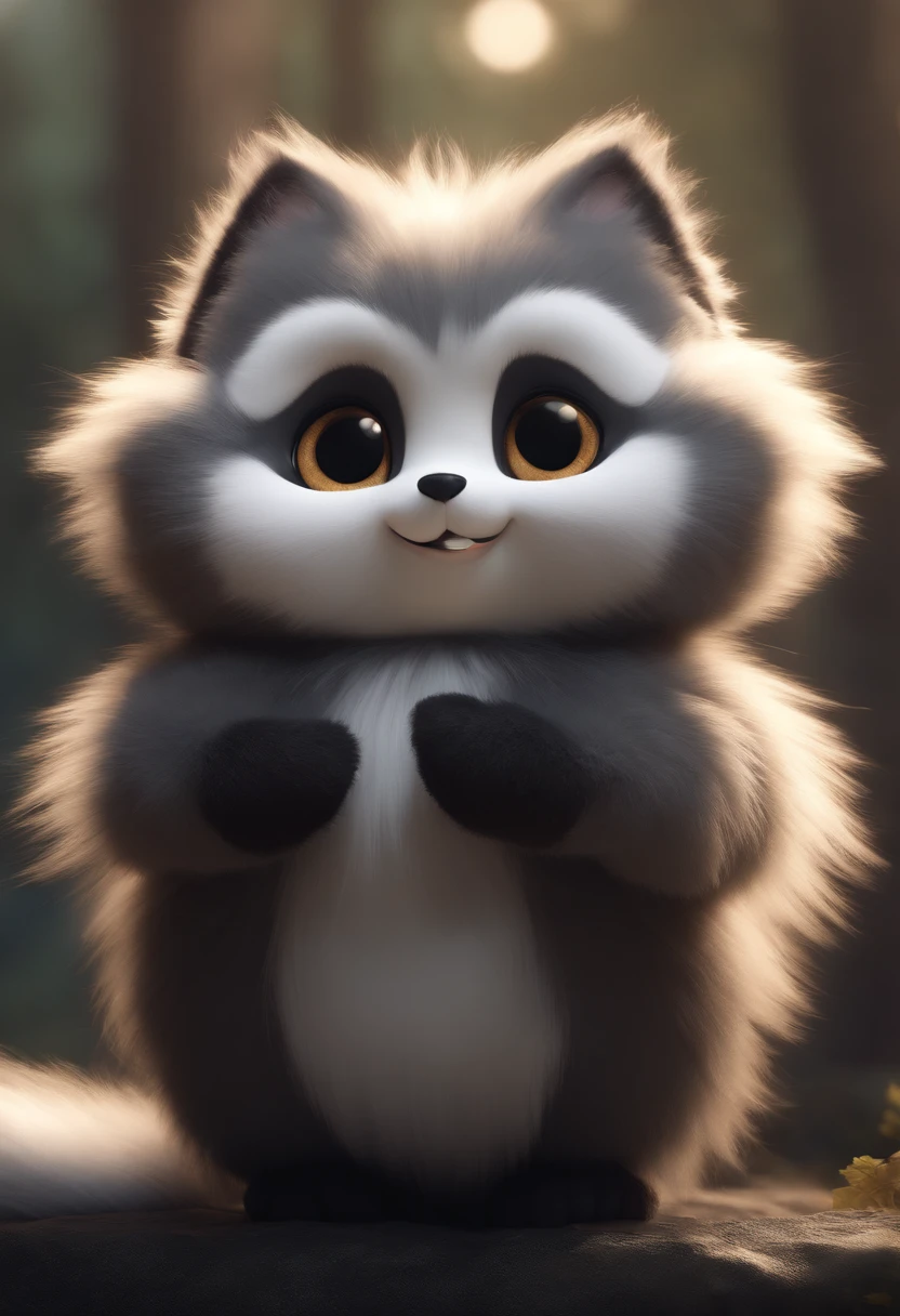 Fluffy cute furry, big fluffy tail, happy face, cute pose, dark grey fur, cute expression, niji, chibi, anthropomorphic, full body