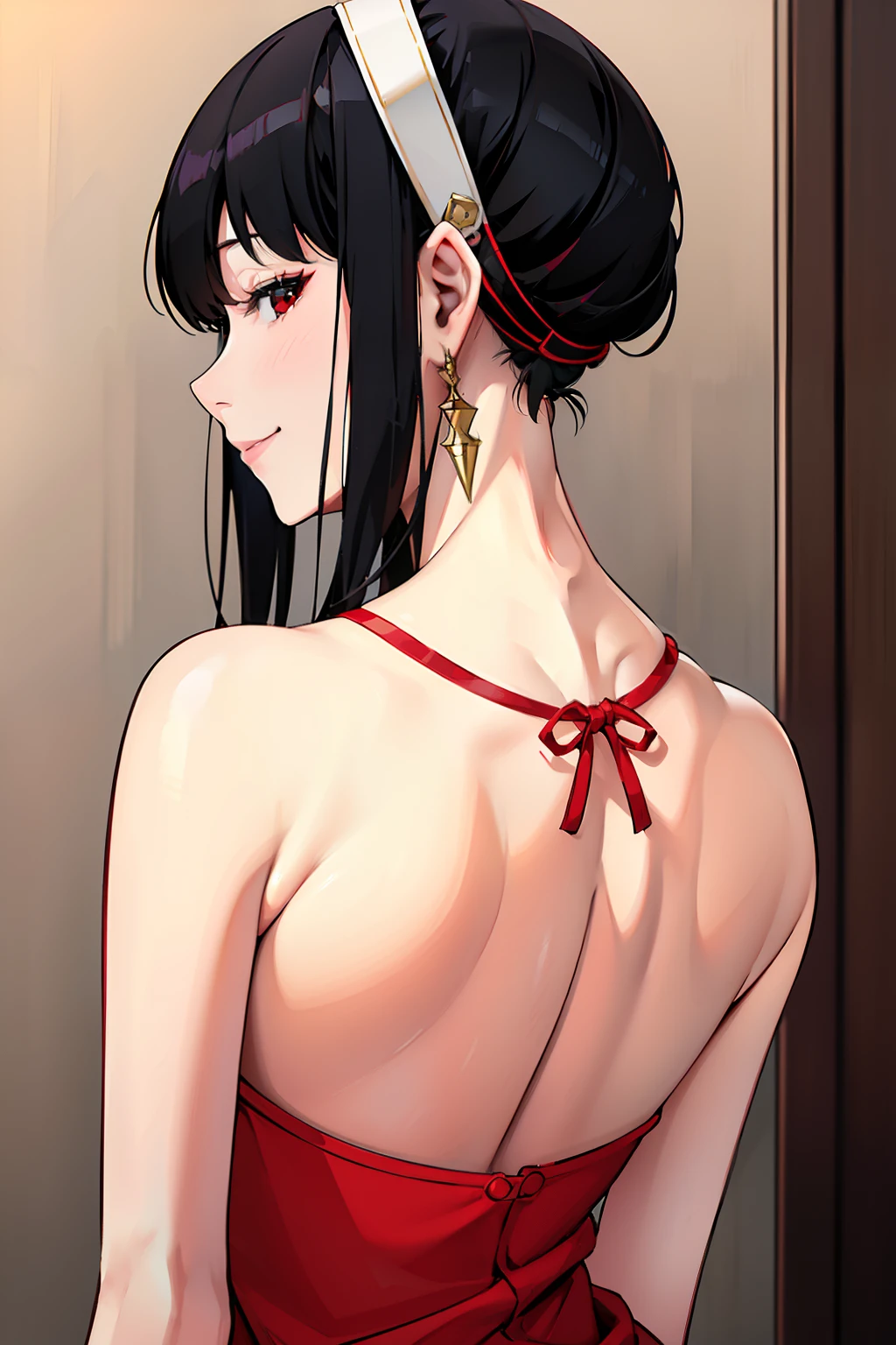 hight resolution、​masterpiece、Yor Briar、A dark-haired、white hairband、red clothing、lite smile、A slender、A detailed face、backs、from the rear、look behind