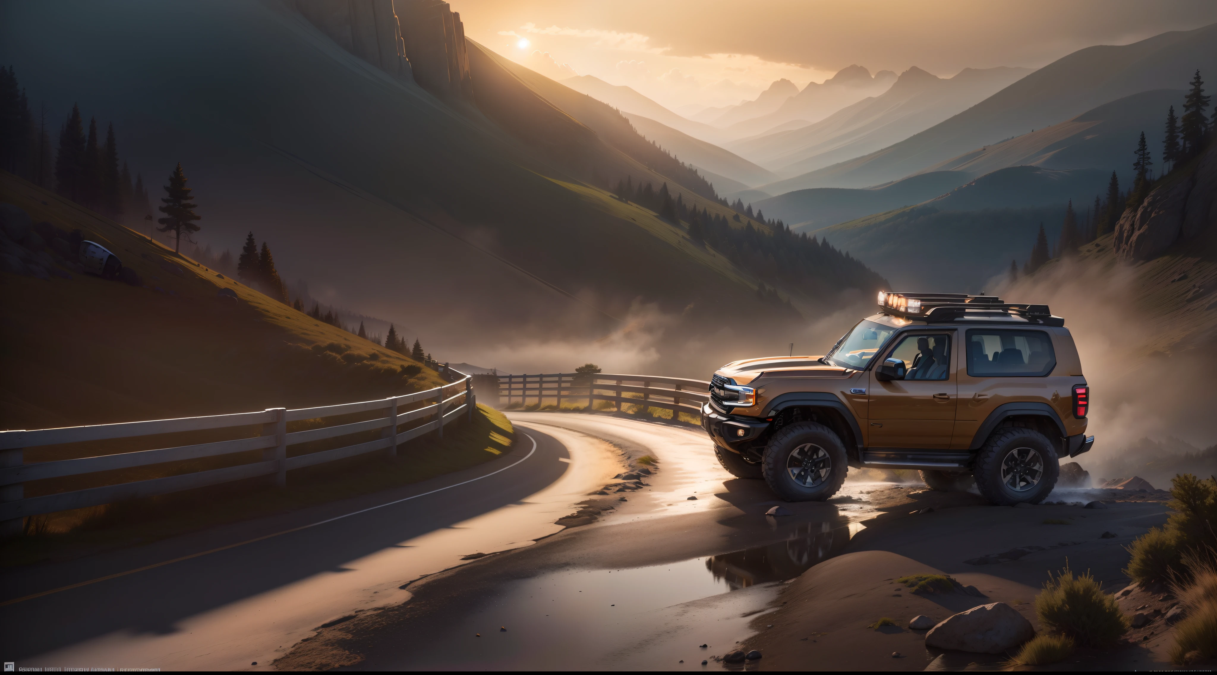 (best quality,4k,8k,highres,masterpiece:1.2),ultra-detailed,(realistic,photorealistic,photo-realistic:1.37),ford bronco driving on mountain roads,majestic landscape,expansive mountain range,freshly fallen snow,majestic pine trees,captivating sunset,adventurous spirit,courageous driver,focus on vehicle's powerful engine,impressive suspension capabilities,roaring exhaust sound,shimmering metallic paint,powerful off-road tires,high-performance headlights,highly detailed interior,comfortable leather seats,dynamic angles and perspectives,distant winding road,steep cliffs and precipices,hint of excitement in the air,thrilling sense of adventure,awe-inspiring panoramic views,stunning natural beauty,vivid colors,subtle color gradients,soothing warm tones,silhouettes of distant mountains,majestic atmosphere,playful shadows and light,soft morning fog enveloping the landscape,crisp mountain air,serene and peaceful environment,lush vegetation along the roadside,little wisps of clouds in the sky,dramatic cloud formations,subtle hints of wildlife presence,evoking a sense of freedom and possibility.