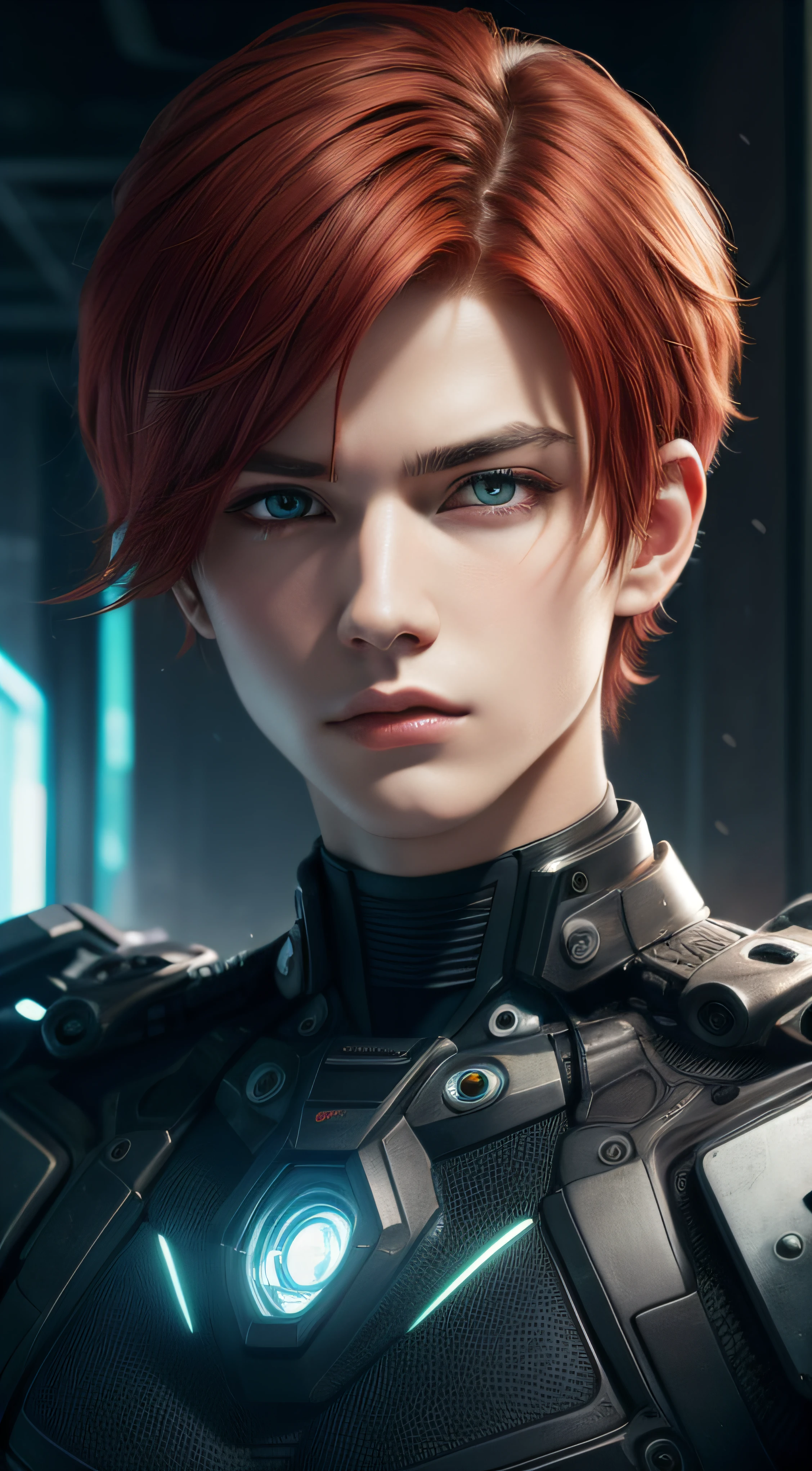 Unbeatable masterpiece, Ultra photo realsisim, Perfect artwork, Intricate details, Best quality, Strong light, High contrast, Cyberpunk, Quantum punk, Nano punk, (Machinary:1.4)(Masterpiece) , (Best quality) , (extremely detailed wallpaper CG unity 8k) , (best character detail:1.36), marshes, fantasy mix sci fi background, (delicated lines:1.24), (fantasy), (Cold light:1.2) , Color splattering , Colorful, colorful background, detailed eyes, cold eyes, detailed eyeshadows, green eyes, Simple background, red hair, 1boy, matured boy, (short hair:1.3), high high quality