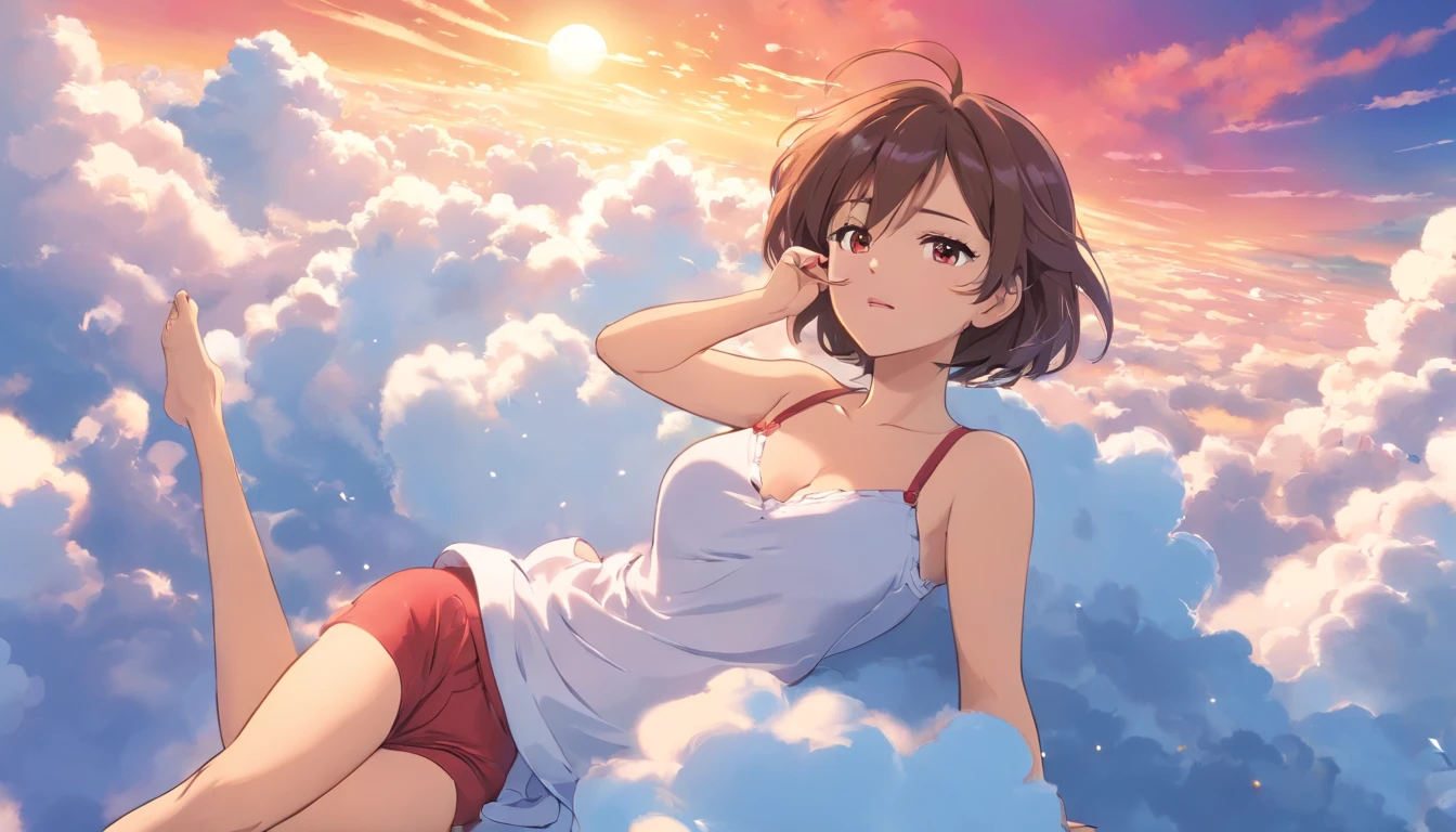 comic strip, mesmerising mature woman lying on beautiful fluffy clouds in the sky, tall woman, (adult woman:1.4), (mature face:1.4), red lipstick, make-up, huge breasts, On thick clouds such as marshmallows, adult pajamas, Detail enhancement, 8K, super-fine, concept-art, number art