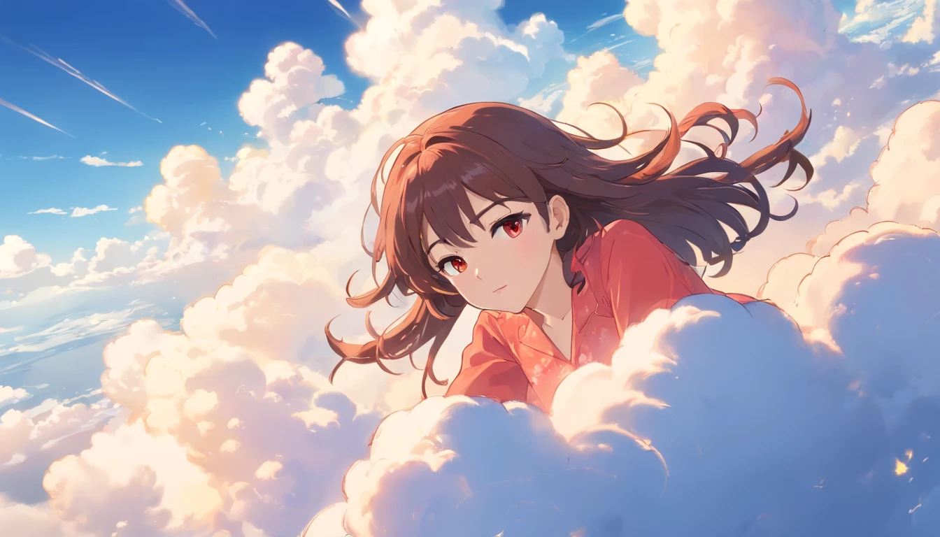 comic strip, mesmerising mature woman lying on beautiful fluffy clouds in the sky, tall woman, (adult woman:1.4), (mature face:1.4), red lipstick, make-up, huge breasts, On thick clouds such as marshmallows, adult pajamas, Detail enhancement, 8K, super-fine, concept-art, number art