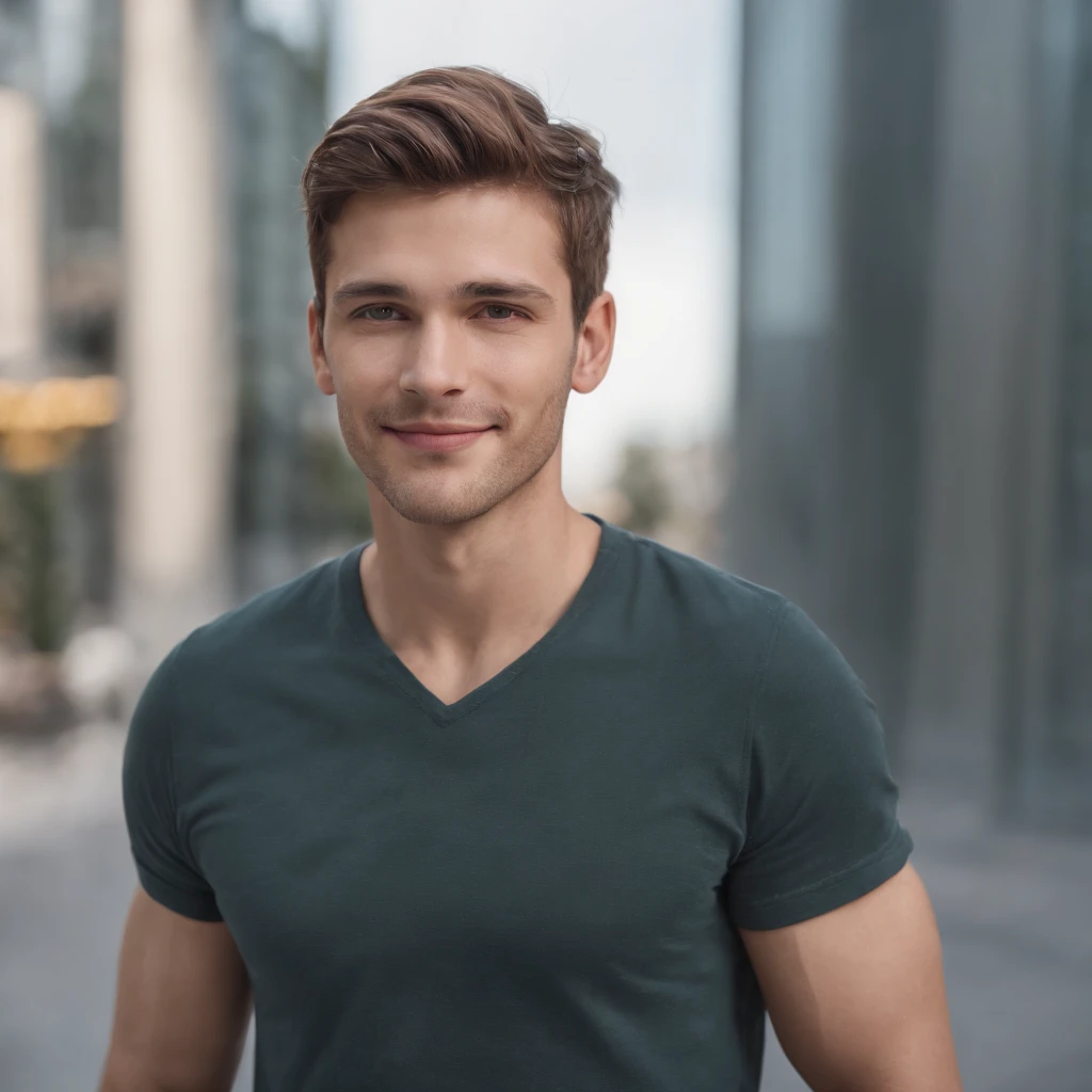 handsome guy, programmer, realistic face, 8K, ultra realistis, smiling, standing full-frontal, Full-length, Body and head directly in the photo, DSRL, facing the viewer of the photo, Eyes fixed on the lens, The shoulders and head appear in the photo, The man in the center in the photo