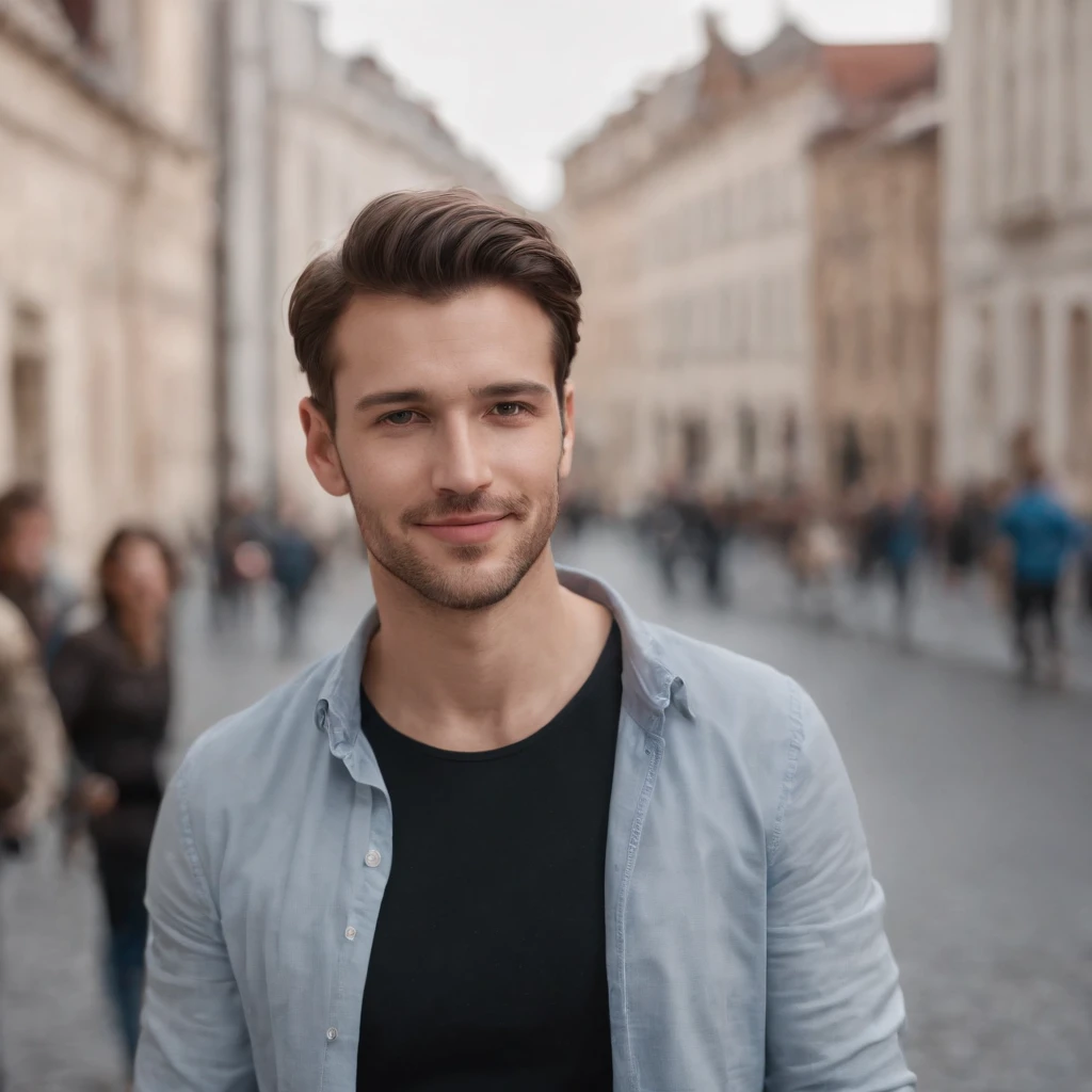 handsome guy, programmer, realistic face, 8K, ultra realistis, smiling, standing full-frontal, Full-length, Body and head directly in the photo, DSRL, facing the viewer of the photo, Eyes fixed on the lens, The shoulders and head appear in the photo, The man in the center in the photo