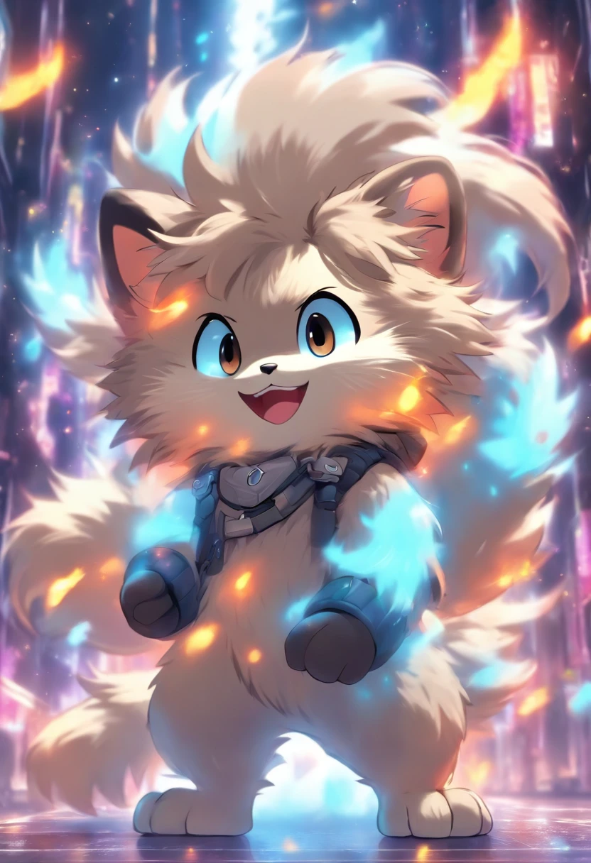 Fluffy cute furry, big fluffy tail, happy face, cute pose, dark grey fur, cute expression, niji, chibi, anthropomorphic, full body