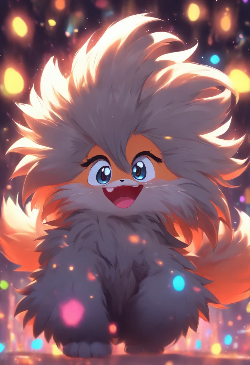 Fluffy cute furry, big fluffy tail, happy face, cute pose, dark grey fur, cute expression, niji, chibi, anthropomorphic, full body