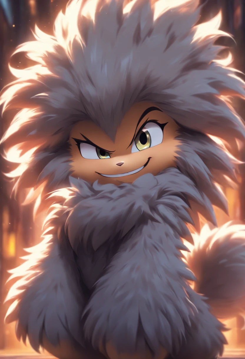Fluffy cute furry, big fluffy tail, happy face, cute pose, dark grey fur, cute expression, niji, chibi, anthropomorphic, full body