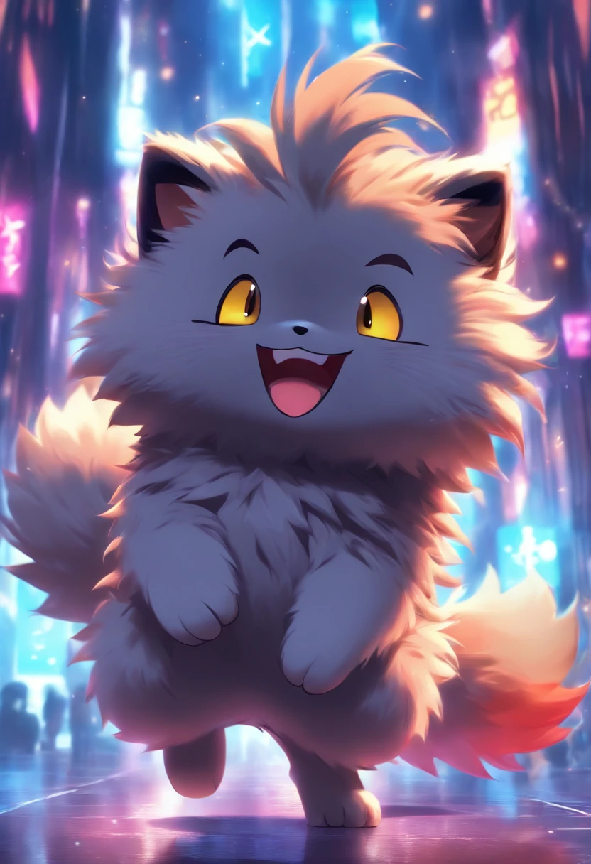 Fluffy cute furry, big fluffy tail, happy face, cute pose, dark grey fur, cute expression, niji, chibi, anthropomorphic, full body