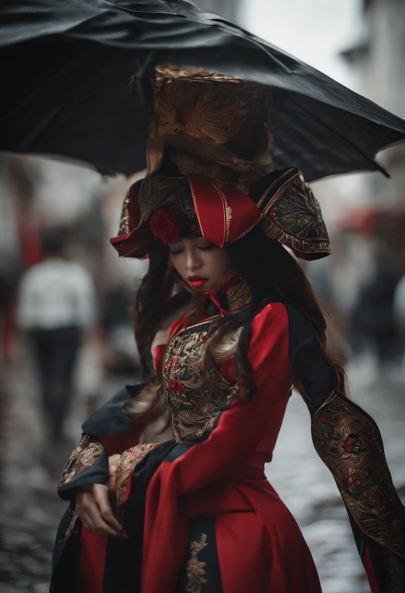 1 Japanese girl, Warframe, intricate pattern, metal pesado, linhas de energia, stanisław, olhos brilhantes, elegante, intenso, Uniforme vermelho e preto sangue, sozinho, moderno, cidade, Ruas, nuvens escuras, tempestade, chuva forte,, dramatic lighting,, (master part:1.2), best quality, high resolution, lindo detalhado, extremamente detalhado, perfect lighting,