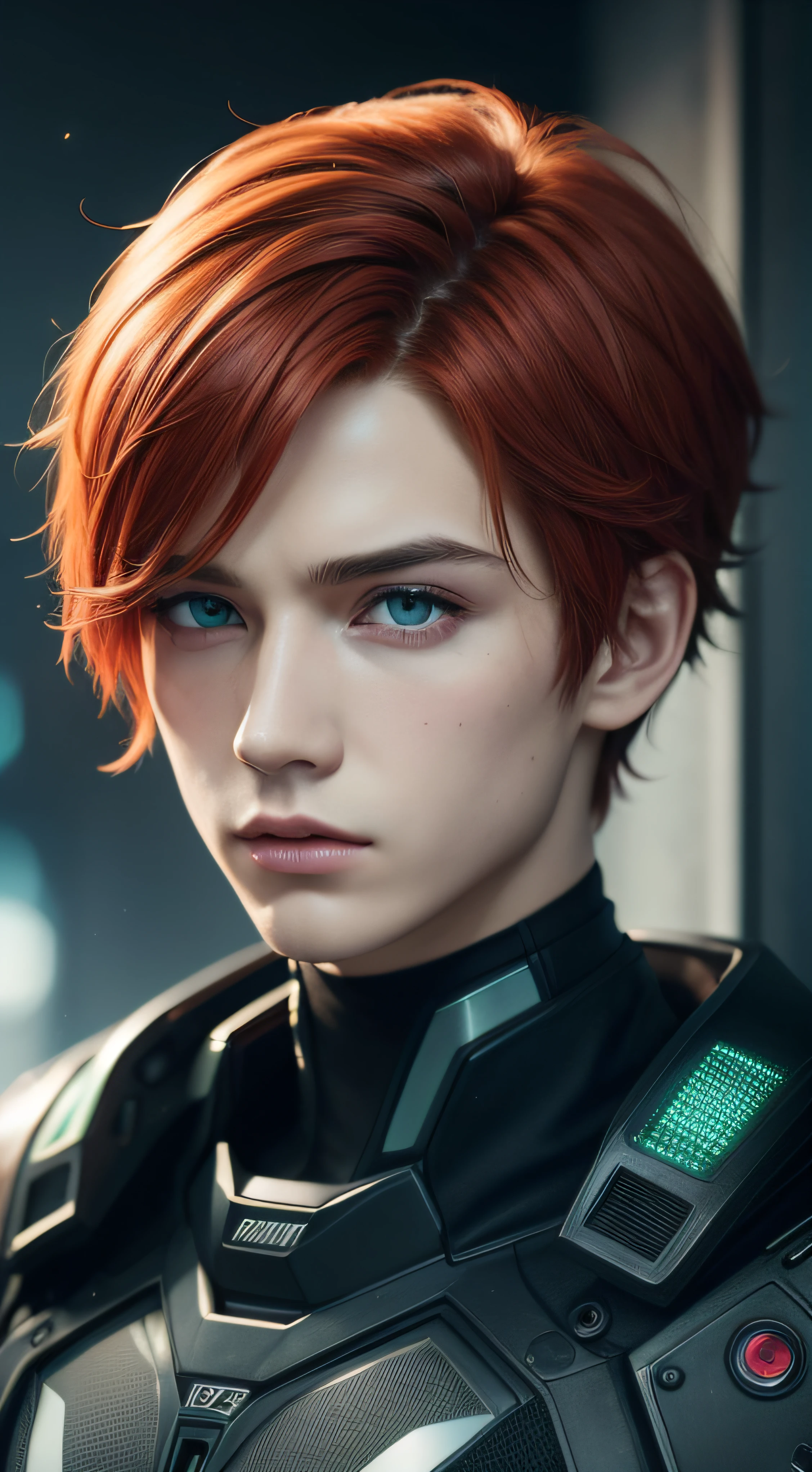 Unbeatable masterpiece, Ultra photo realsisim, Perfect artwork, Intricate details, Best quality, Strong light, High contrast, Cyberpunk, Quantum punk, Nano punk, (Machinary:1.4)(Masterpiece) , (Best quality) , (extremely detailed wallpaper CG unity 8k) , (best character detail:1.36), marshes, fantasy mix sci fi background, (delicated lines:1.24), (fantasy), (Cold light:1.2) , Color splattering , Colorful, colorful background, detailed eyes, cold eyes, detailed eyeshadows, green eyes, Simple background, red hair, 1boy, matured boy, (short hair:1.3), high high quality