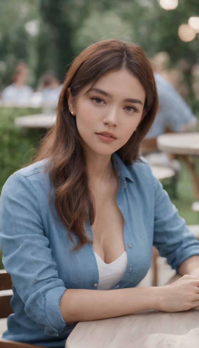 hyper HD, Masterpiece, Best quality, 8K, park, Some tables, Some chairs, Instagram, Minimalism, 1girll, Blue denim shirt, Blue jeans, no bra, big breaste