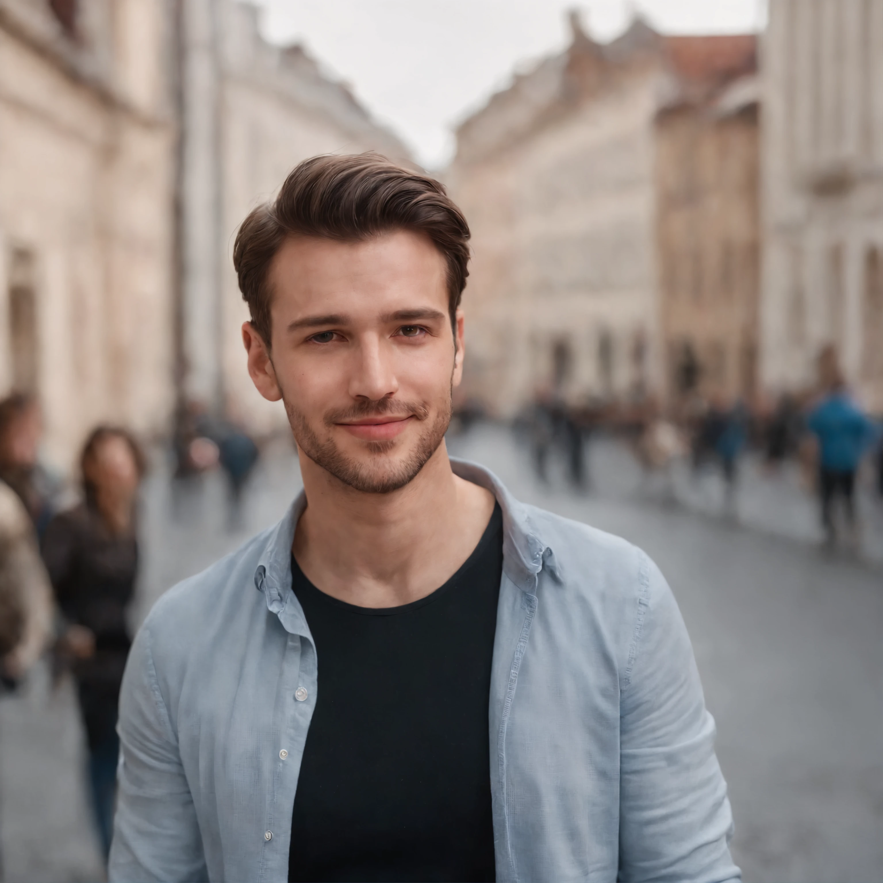 handsome guy, programmer, realistic face, 8K, ultra realistis, smiling, standing full-frontal, Full-length, Body and head directly in the photo, DSRL, facing the viewer of the photo, Eyes fixed on the lens, The shoulders and head appear in the photo, The man in the center in the photo