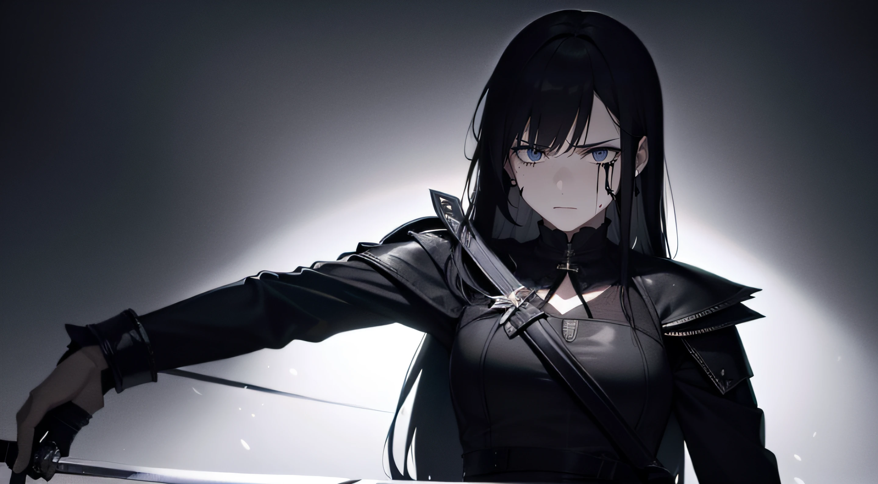 stabbed to death by sword, sad and mourn face, blackout, bloody