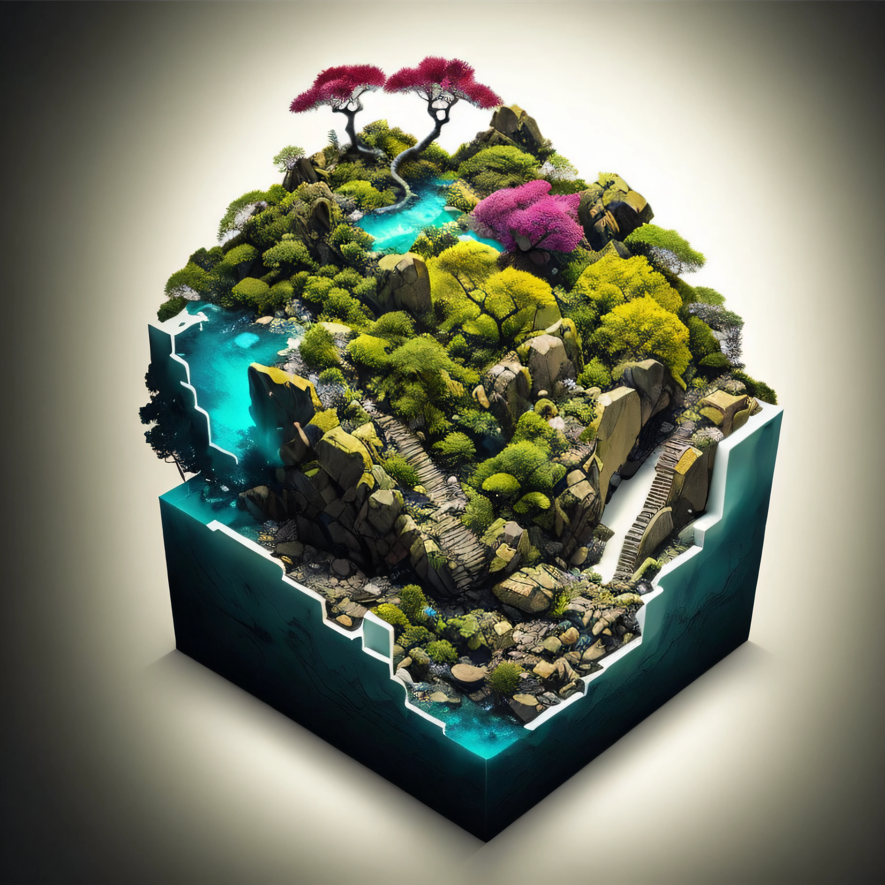 microworld render style, tiny glass cube contained, inside the cube are (cave, water, the trees) , volumetric, Clouds, Vibrants, Colorful, Highly detailed,  4K UHD, 8K, Octane Render, centred subject, whitebackground,