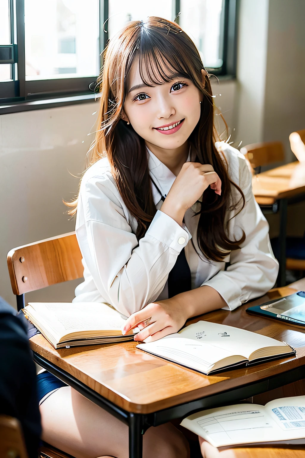 Smiling woman sitting at desk with brown book in hand, pupils, full subject shown in photo, sitting in classroom, In the classroom of the school, a japanese girl, Young Asian Girl, portrait of high school girl, teenage female schoolgirl, Young Asian Woman, Cute Schoolgirl