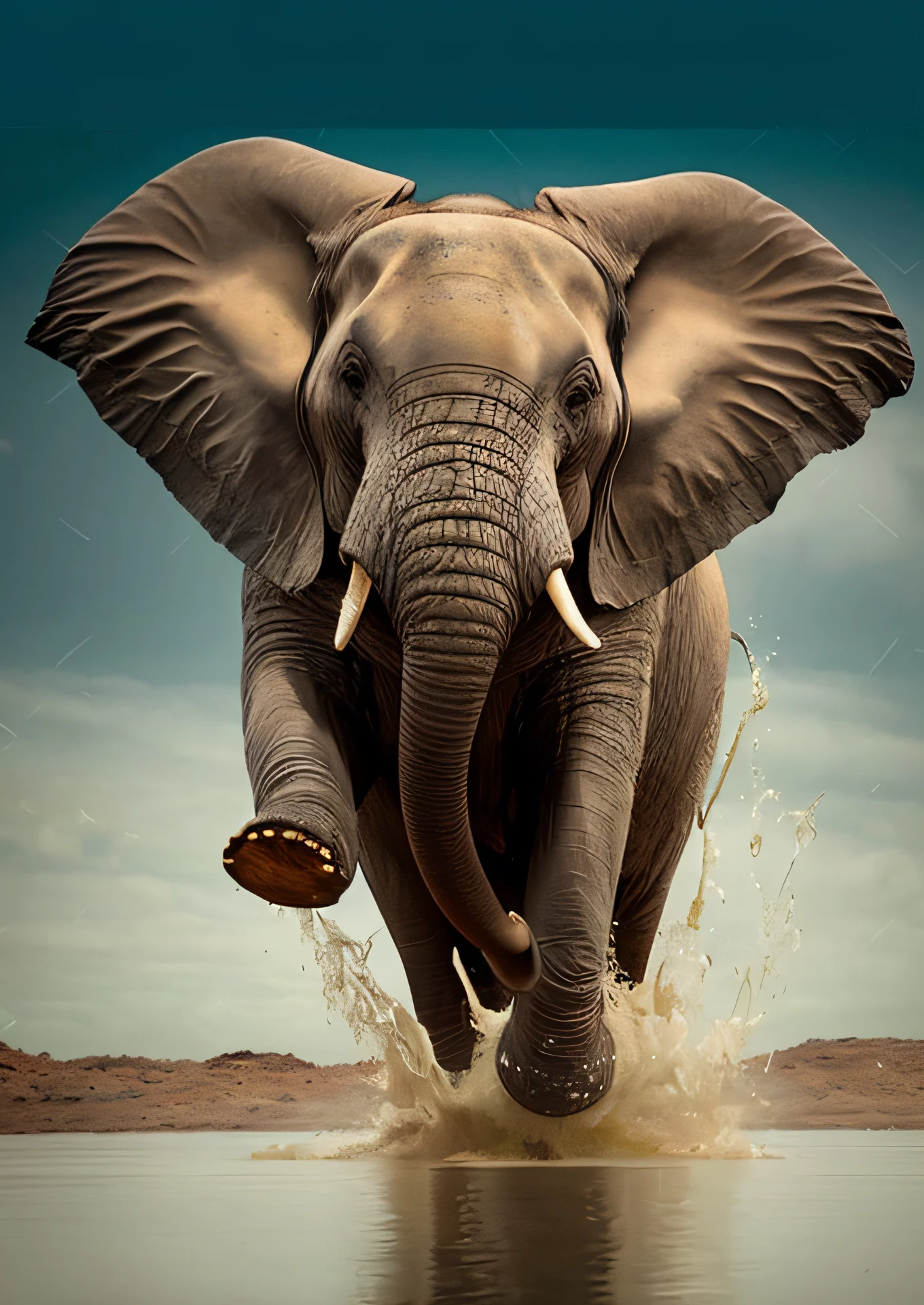 Create a captivating, hyper-realistic, AI-generated artwork of a large African elephant running towards the camera. The elephant should be depicted with its massive tusks prominently visible, emphasizing its powerful and imposing presence. Capture the detailed texture of the elephant's rough skin and the grandeur of its size as it charges forward with dynamic, intense motion.
The scene should focus on the movement of the elephant, showing its powerful legs in mid-stride, with dust and grass being kicked up from its rapid pace. The low grassland should reflect the energy of the scene, with visible trails and disturbances caused by the elephant's run. In the background, include a distant hill and a gray, overcast sky, contributing to the dramatic atmosphere.
Use natural, earthy tones to depict the elephant and its environment, highlighting the contrast between the elephant’s gray skin and the muted colors of the grass and sky. The lighting should be soft and diffuse, reflecting the overcast conditions while emphasizing the movement and intensity of the elephant’s run.
The style should be hyper-realistic yet artistic, focusing on the elephant's dynamic movement and the raw power of its stride. The final artwork should be high-resolution and visually striking, capturing the strength and energy of the elephant in its natural setting.