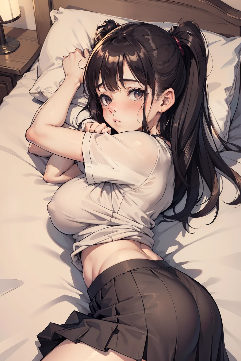 SFW, realistic, masterpiece, very cozy bed, very detailed dorm room background, laying down on the bed sideways looking at the viewer(woman 1) using sexy ((tight tshirt and a skirt)), (((lifted skirt)), (big ass), (thick thigths), (concerned expression), blushed face, pulling the viewer closser to cuddle pov,view from the bed close to her, both arms pulling the viewer to hug