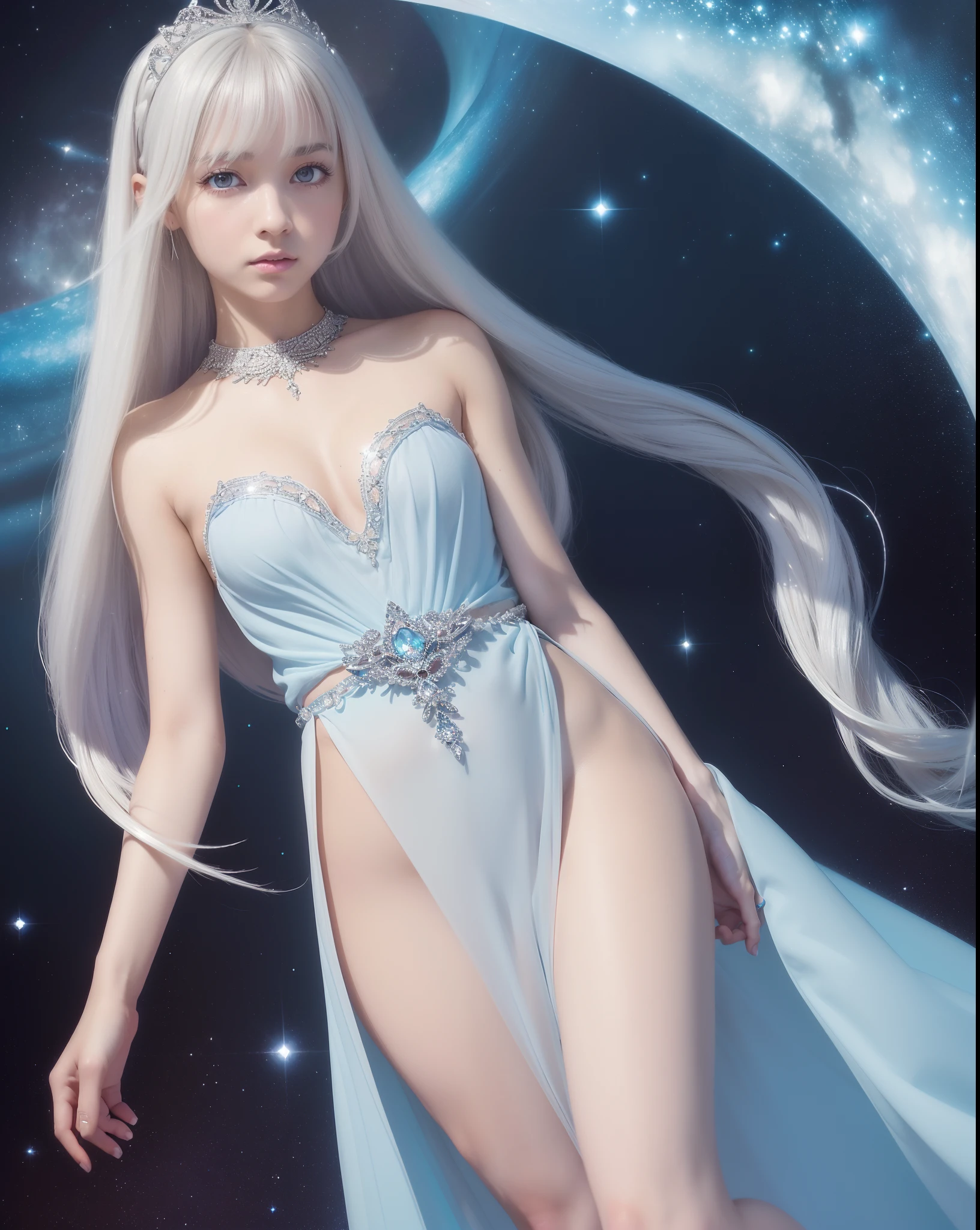 An ultra-high picture quality、(((full body Esbian)))、frontage、bilaterally symmetrical、((The background is a very dark Milky Way))、(((Planktonic)))、colourfull、muitoリアルHuman texture、 (((14 years old very cute beautiful skinny prague white girl)))、((Very white skin of a 14-year-old Caucasian girl with transparent blood vessels showing through))、(((very long and high nose of a white woman,,,,,,,,,,,,,,,,,,,,,,,,,,,,,,,,,,,,,,,,,,,,,,,,,)))、(((Under the short nose)))、(((no-makeup)))、( Height 164 cm、head length 20 cm、leg length 82 centimeters,)、Normal shoulder width、Long arms、Long Torso、long neck、Long below the knee、Thin little face、Natural double eyelids、 (1girl in:1.3), Light persona, Dark Persona, mind control, fractral, ceiling, Artistic background, Geometric, organics, blessings, favor, noble, unfolded, elucidation, Anti-gravity, Antimatter, holy, Sacred, spiritual, Dignified, Luminescent, Holographic, About Magic Circle, photons, scales, Beak,(artistic)、(((The most fantastic bright light blue eyebrows))),,(((Glittering pale light blue silver hair and eyebrows)))、(((Super luxurious see-through Western style long dress with plenty of luxury accessories)))、(((Beautiful white skin with hair and pores,)))、(((Extremely delicate and brightly colored targets)))、(((Beautiful glowing caucasian woman with bright light blue iris iris eye with ultra high definition pattern)))、(((I love you))),(((Small drooping eyes with a gentle feeling)))、(((very thin eyelashes,,,,,,,,,,)))、(((Realistic ????? eye)))、High Definition Lip、(((Cute girlish hairstyle spreads softly.................................................)))、(((A Princess)))、(((large chest directed upwards in a very three-dimensional pointed shape,,,,,,,,,,,,,,,,,,,,,,,,,,,,,,,,,,,,,,,,,,,,,,,,,,,,,,,,,,,,)))、(((Dreams)))、(((Your imagination)))、(((Fluffy High Half Twin Tail Hair)))、Luxurious Princess Tiara、Luxury Princess Necklace、(((Looking at the camera)))、(((A gaze to look here)))、((With movement))、One face、((princess dre