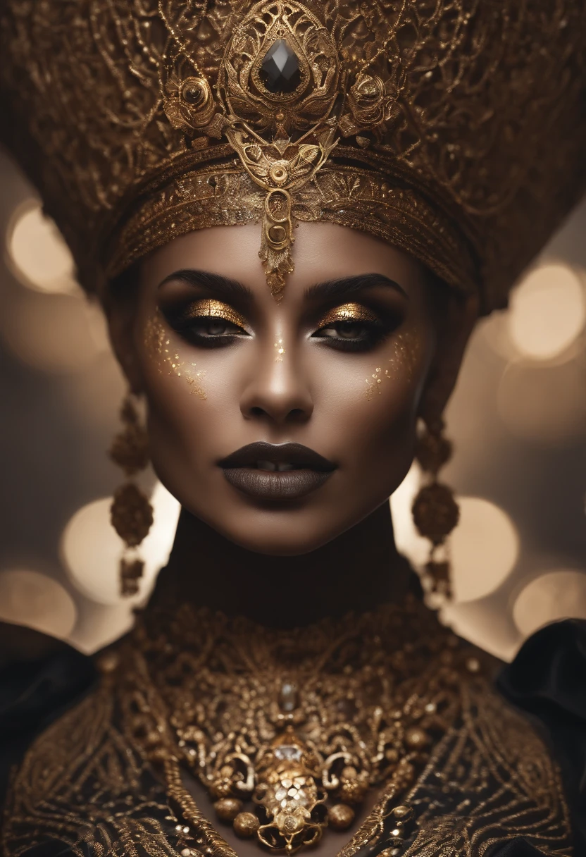 The woman wears gold and gold makeup,The style of the skull pattern,Covered with luxurious jewelry, jewelry, Luxurious, Dark white and dark bronze, Jewelry for painters and sculptors,high detailed,Realistic,hyper intricate details, 8K, cenematic lighting, filmic, nose ring