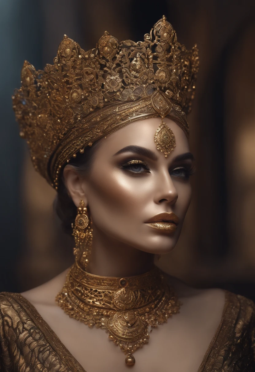 The woman wears gold and gold makeup,The style of the skull pattern,Covered with luxurious jewelry, jewelry, Luxurious, Dark white and dark bronze, Jewelry for painters and sculptors,high detailed,Realistic,hyper intricate details, 8K, cenematic lighting, filmic, nose ring