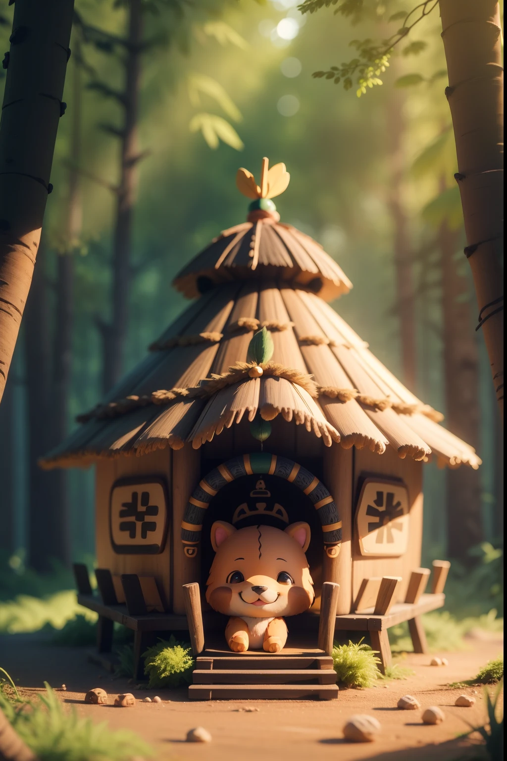 forest scenery, full 3D illustration of forest animals, happy smiling, puppies, small body, tribal style, cute, with indigenous style hut, delicate face with smile, happy look, adorable, cuteness, sweetness, cute 3d character, 4K -- niji 5 --style expressive --s 100