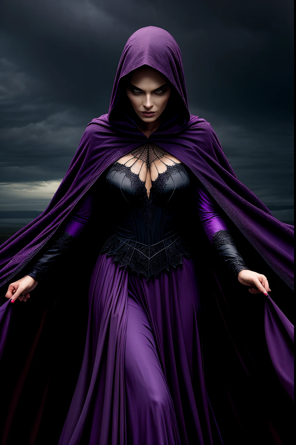 A woman who is a dark and mysterious woman, dressed in a dark purple robe with a hood, and a spider web cape, background is dark storm clouds, mood is apprehensive, frustrating, ambiguous, inscrutable, eerie night time light, character design.