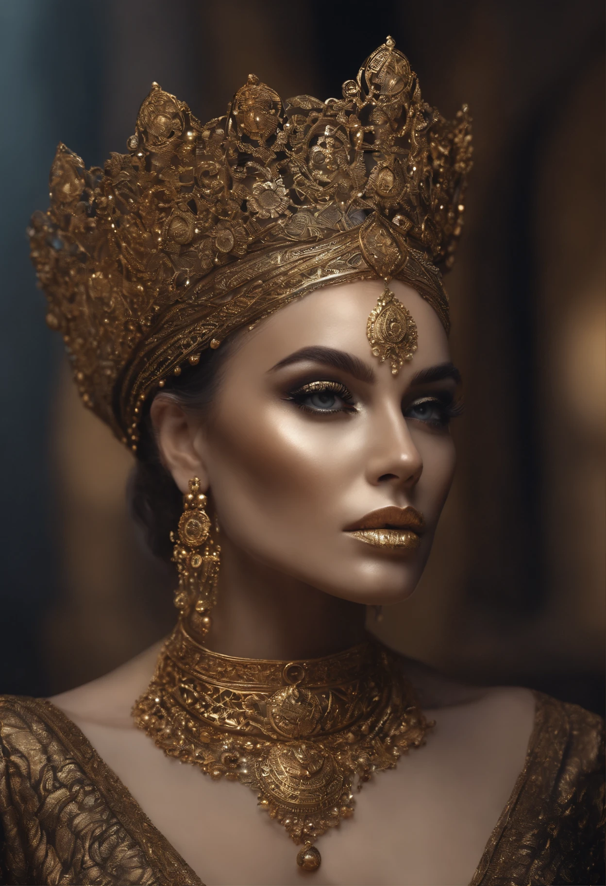 The woman wears gold and gold makeup,The style of the skull pattern,Covered with luxurious jewelry, jewelry, Luxurious, Dark white and dark bronze, Jewelry for painters and sculptors,high detailed,Realistic,hyper intricate details, 8K, cenematic lighting, filmic, nose ring