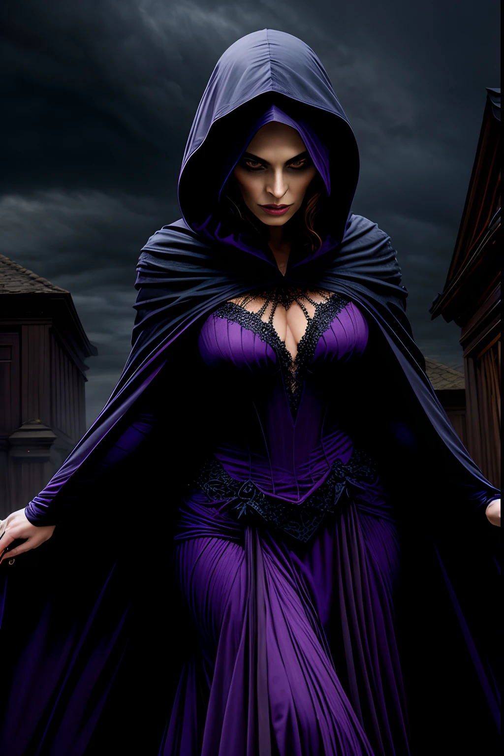 A woman who is a dark and mysterious woman, dressed in a dark purple robe with a hood, and a spider web cape, background is dark storm clouds, mood is apprehensive, frustrating, ambiguous, inscrutable, eerie night time light, character design.