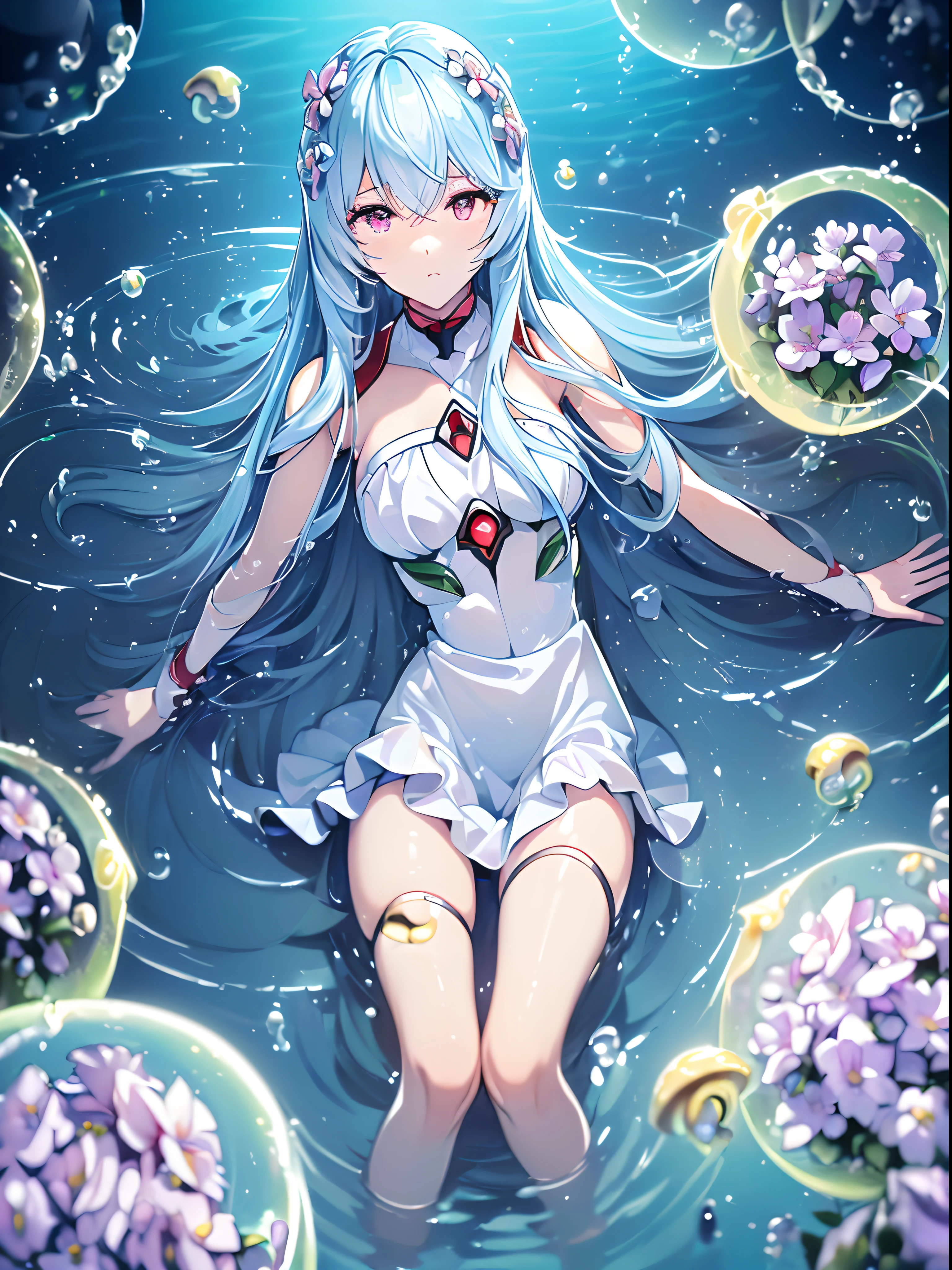 (((ayanami rei))),((((((BREAK,Design an image with a fisheye lens effect, capturing a wide field of view with a distinctive, curved perspective.BREAK,)))))((1girl:1.1,solo,))(masterpiece,best quality, official art,aim to viewers, beautiful and aesthetic:1.3),((ultra high res,golden ratio,)) (4k),((from below,dark,low visibility,raindrops, dreamland,)),((((spiral bubbles,))))national lighting,good lighting,ray tracing,dynamic lighting, cinematic lighting,((((underwater flowers, In the enigmatic depths of the ocean,))))(fantasy,)((psychedelic)),((dreamy)),((holographic,))radiosity, physically-based rendering,automatic white balance), technological sense,Amazing,sharp focus,detailed background,rich background,astonishing background, (((high detailed skin,)))dynamic lighting,intricate detailed outfit,glowing eyes,watery eyes,((extremely long hair,hair over shoulders)),skiny,slender,smooth beast,smooth legs,sundress,((musical notes,mushrooms)),(masterpiece sidelighting),((water currents and ripples, contrast between deep-sea darkness and emitted light,))(hyper realistic lifelike 3d,)(bishoujo,lustrous),(sky blue hair,pink eyes,）[[delicate fingers and hands:0.55]::0.85],(detail fingers),(((Ultra Photographic Quality,ultra wide angles)))),((incredibly absurdres,photoreality)),(realilty:0.7),((a girl is chanting,put hands together,))((Wariza:0.8,dark shot:0.7,))Golden rings,((extremely_detailed_eyes_and_face)),(disheveled hair),FilmGirl,(dynamic configuration: 0.9),Brilliant,drifting Nebula,ethereal, glossy ,striking contrast,high saturation