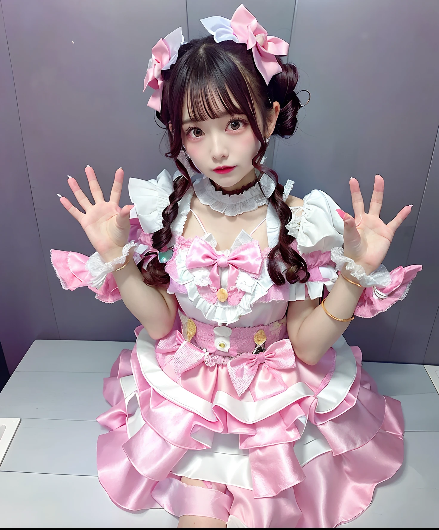 high quality, masterpiece, Very detailed, 8K, 14 year old beautiful Japanese woman:1.5, Small face, Black Hair, blunt bangs, Breast Augmentation Surgery, (Detailed pink magical girl heroine costume:1.5), (Woman tied with rope and hanging from the ceiling:1.5), remote_play, remote_Vibrate、 (climax:1.5)