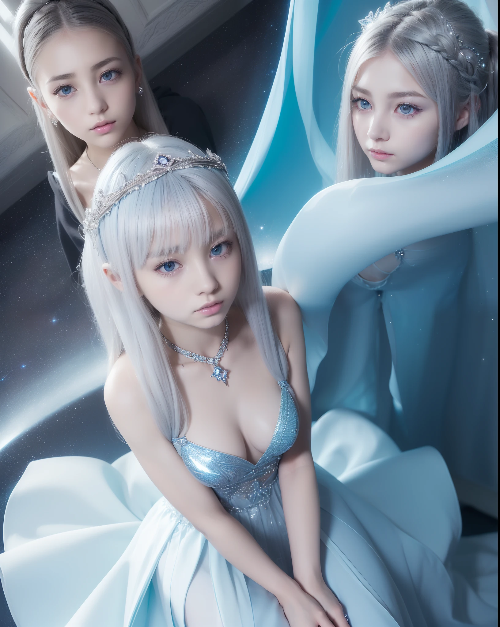 An ultra-high picture quality、(((full body Esbian)))、frontage、bilaterally symmetrical、((The background is a very dark Milky Way))、(((Planktonic)))、colourfull、muitoリアルHuman texture、 ((( very cute beautiful skinny prague white girl)))、((Very white skin of a 14-year-old irl with transparent blood vessels showing through))、(((very long and high nose of a white woman,,,,,,,,,,,,,,,,,,,,,,,,,,,,,,,,,,,,,,,,,,,,,,,,,,,)))、(((Under the short nose)))、(((no-makeup)))、(8 Head Body、 Height 164 cm、head length 20 cm、leg length 82 centimeters,)、Normal shoulder width、Long arms、Long Torso、long neck、Long below the knee、Thin little face、Natural double eyelids、 (1girl in:1.3), Light persona, Dark Persona, mind control, fractral, ceiling, Artistic background, Geometric, organics, blessings, favor, noble, unfolded, elucidation, Anti-gravity, Antimatter, holy, Sacred, spiritual, Dignified, Luminescent, Holographic, About Magic Circle, photons, scales, Beak,(artistic)、(((The most fantastic bright light blue eyebrows))),,(((Glittering pale light blue silver hair and eyebrows)))、(((Super luxurious see-through Western style long dress with plenty of luxury accessories)))、(((Beautiful white skin with hair and pores,)))、(((Extremely delicate and brightly colored targets)))、(((Beautiful glowing caucasian woman with bright light blue iris iris eye with ultra high definition pattern)))、(((I love you))),(((Small drooping eyes with a gentle feeling)))、(((very thin eyelashes,,,,,,,,,,)))、(((Realistic naked eye)))、High Definition Lip、(((Cute girlish hairstyle spreads softly...................................................)))、(((A Princess)))、(((large chest directed upwards in a very three-dimensional pointed shape,,,,,,,,,,,,,,,,,,,,,,,,,,,,,,,,,,,,,,,,,,,,,,,,,,,,,,,,,,,,,,)))、(((Dreams)))、(((Your imagination)))、(((Fluffy High Half Twin Tail Hair)))、Luxurious Princess Tiara、Luxury Princess Necklace、(((Looking at the camera)))、(((A gaze to look here)))、((With movement))、One f