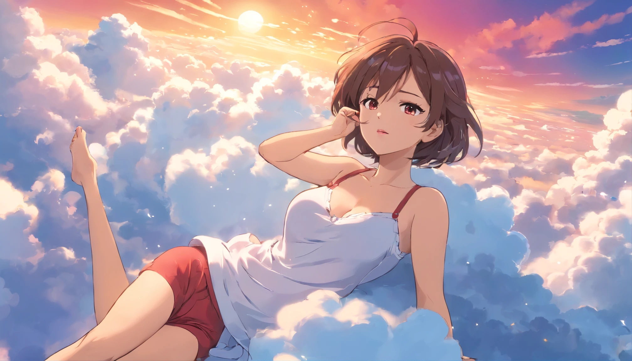 comic strip, mesmerising mature woman lying on beautiful fluffy clouds in the sky, tall woman, (adult woman:1.4), (mature face:1.4), red lipstick, make-up, huge breasts, On thick clouds such as marshmallows, adult pajamas, Detail enhancement, 8K, super-fine, concept-art, number art