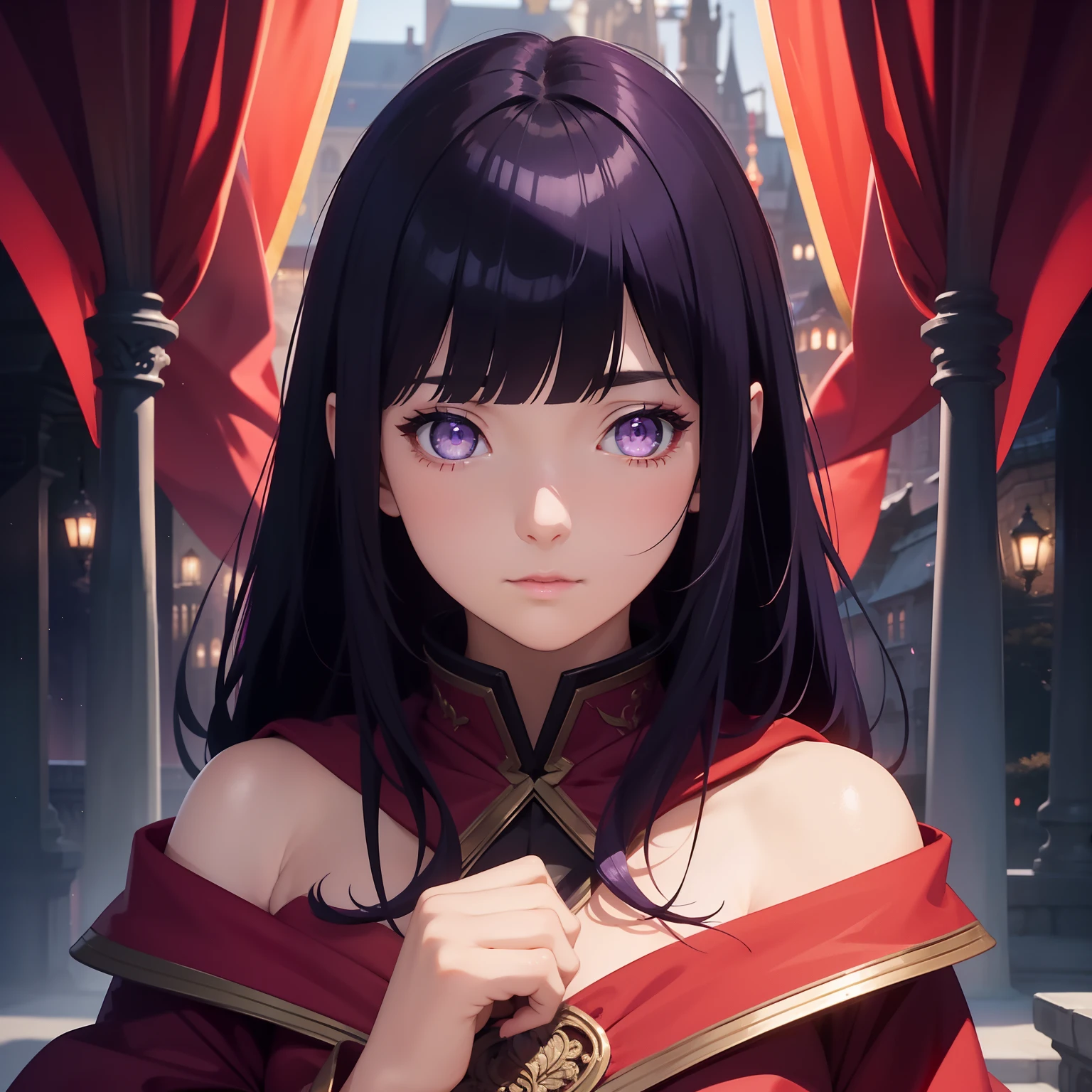 One girl in a red cloak、ultra-detailliert、Beautiful fece、Fantastic atmosphere、mysterious background、Night light、Light production、heavy shadow、Vibrant colors、dramatic compositions、Luxurious decoration、dreamlike landscape, Blunt Bangs, purple eyes, long dark blue hair