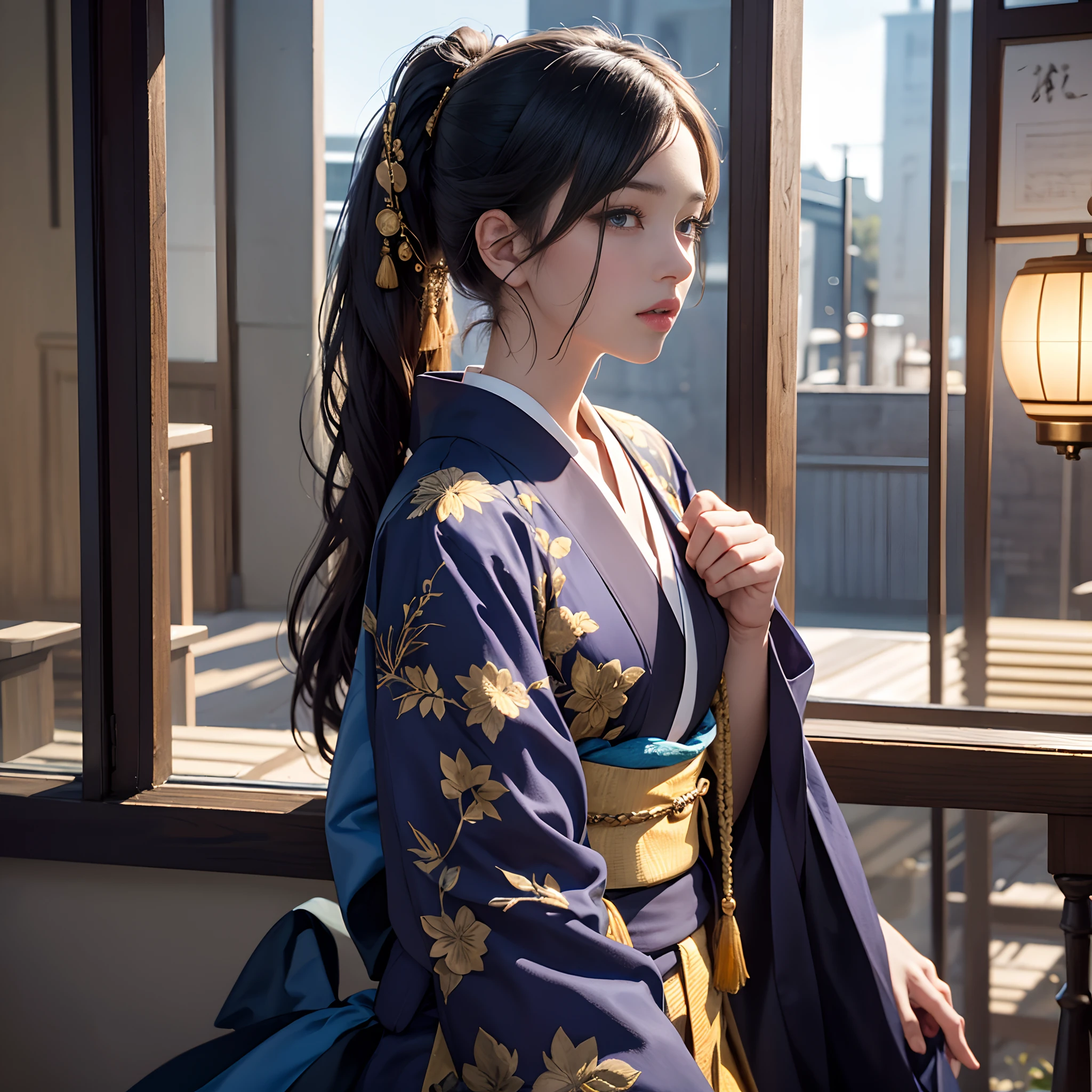 Luxury kimono（Black kimono(Detailed golden embroidery),Purple band、Golden Band Closure）、odd eye、watching at viewers、Outside the window　blue-sky　Streets of Kyoto、Ponytail, Shiny hair, shairband, Mismatched pupils, Hyper-Realism, Verism, Realism, depth of fields, Cinematic lighting, Wide Shot, F/16, nffsw, high details, High quality, Textured skin, 8K, Best Quality, hight resolution