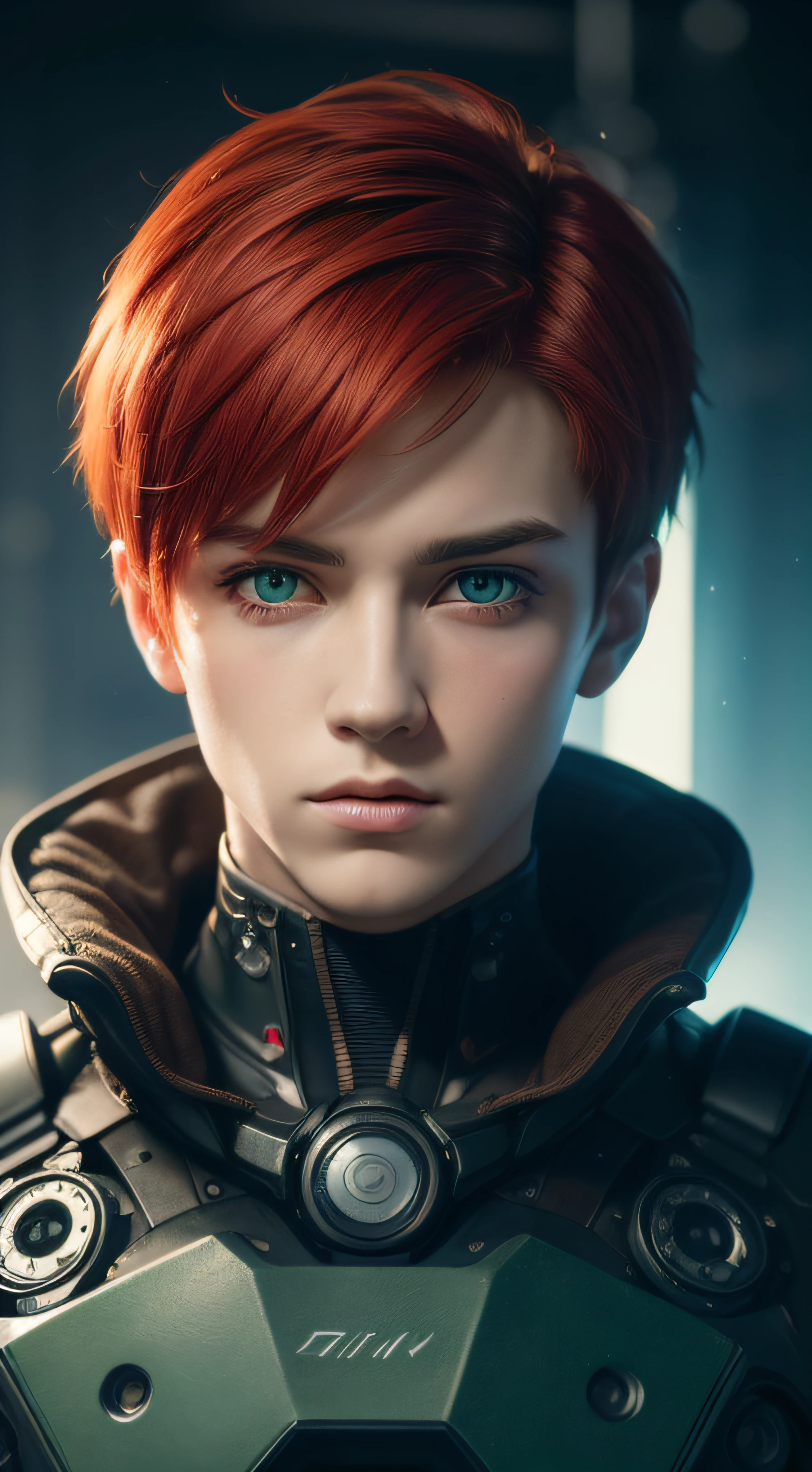 Unbeatable masterpiece, Ultra photo realsisim, Perfect artwork, Intricate details, Best quality, Strong light, High contrast, Cyberpunk, Quantum punk, Nano punk, (Machinary:1.4)(Masterpiece) , (Best quality) , (extremely detailed wallpaper CG unity 8k) , (best character detail:1.36), marshes, fantasy mix sci fi background, (delicated lines:1.24), (fantasy), (Cold light:1.2) , Color splattering , Colorful, colorful background, detailed eyes, cold eyes, detailed eyeshadows, green eyes, Simple background, red hair, 1boy, matured boy, (short hair:1.3), high high quality