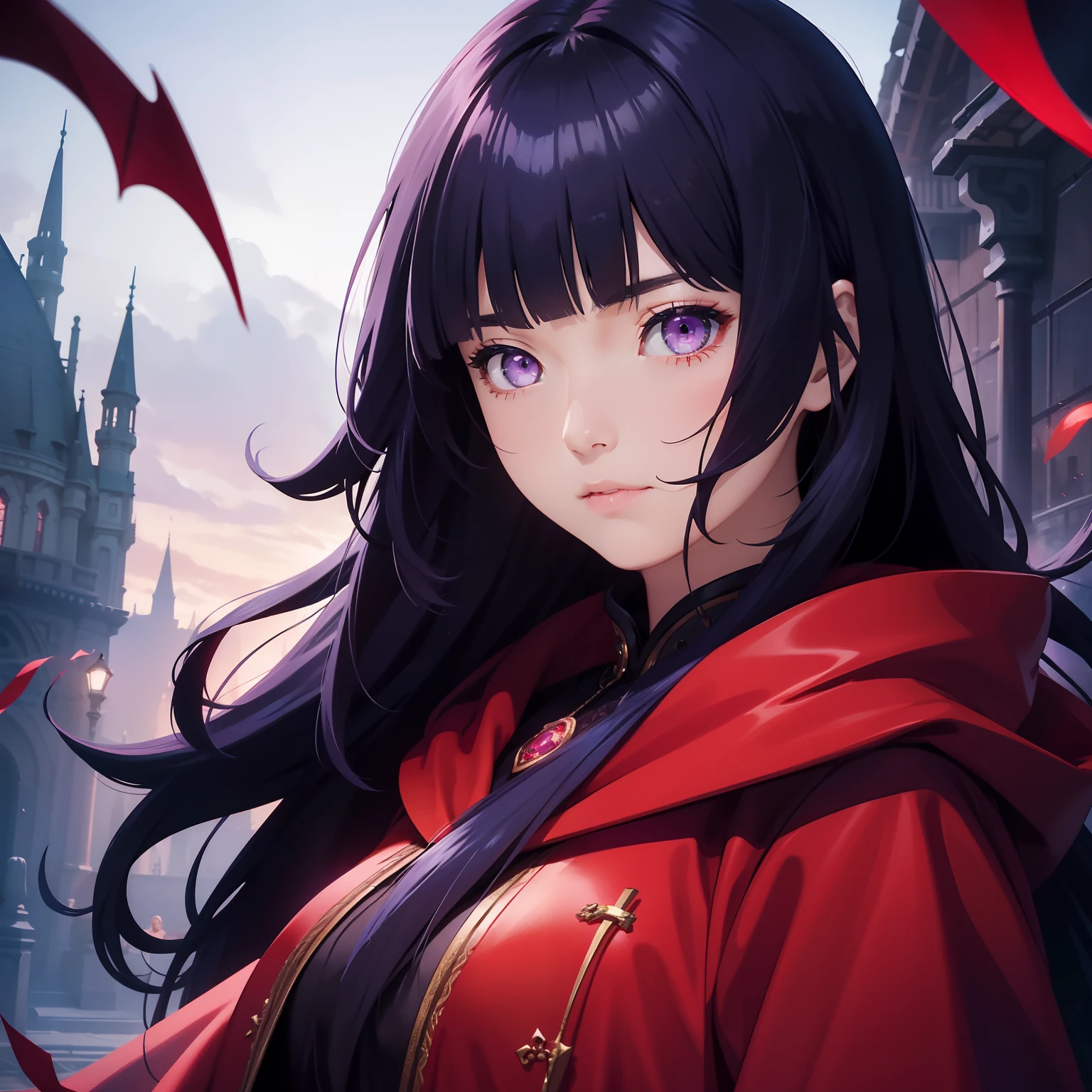 One girl in a red cloak、ultra-detailliert、Beautiful fece、Fantastic atmosphere、mysterious background、Night light、Light production、heavy shadow、Vibrant colors、dramatic compositions、Luxurious decoration、dreamlike landscape, Blunt Bangs, purple eyes, long dark blue hair