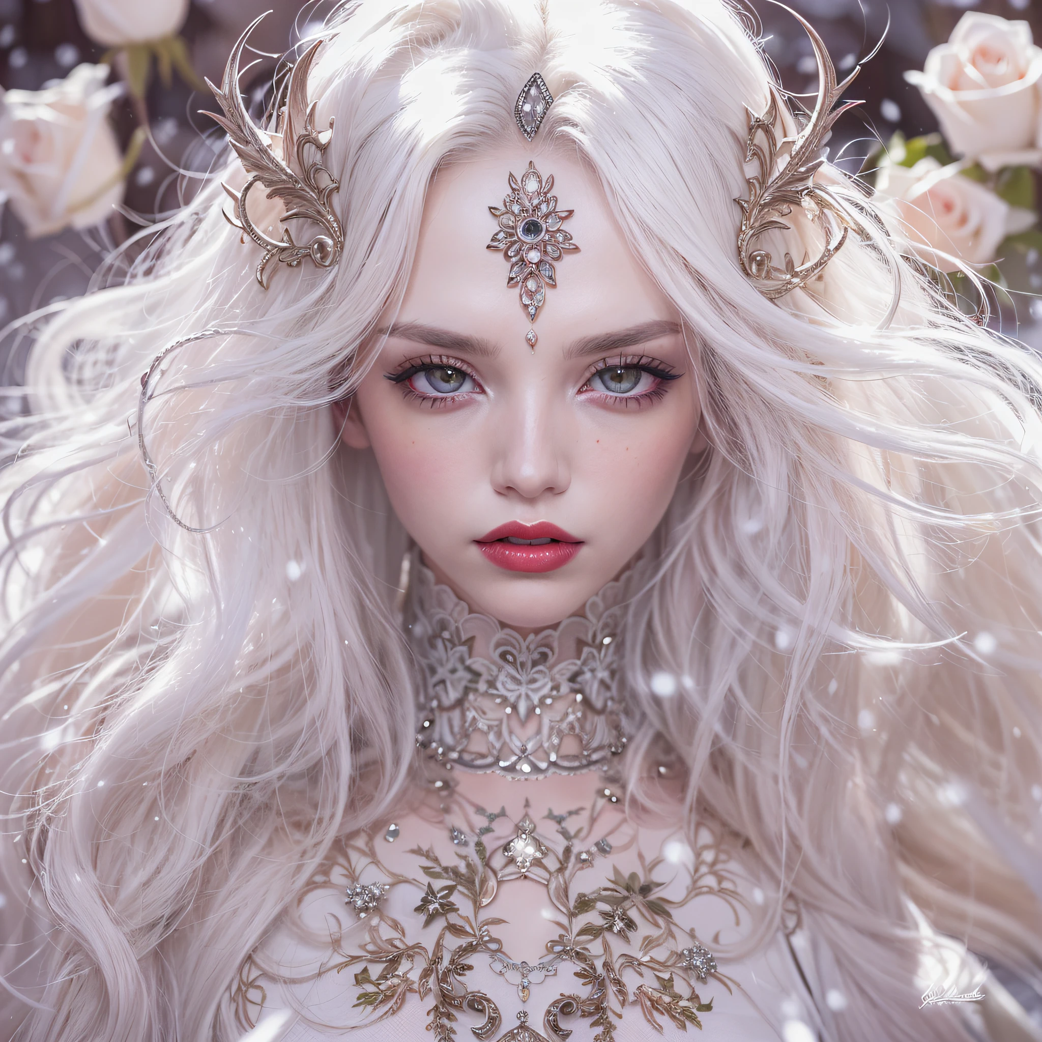 masutepiece, Highest Quality, Approaching perfection, (Perfect face:1.1), (high detailing:1.1), Dramatic, (1guy), pale skin, (long snow-white hair:1.4), White eyes, Otto Seppalainen, Solo, Long hair, white luxury suit, Covered navel, snob, albino, Luminous Studio graphics engine, Pouty lips, Devil Sorcerer, Volumetric lighting, Detailed eyes, (8k wallpaper masterpieces), Hyper Detailed, Intricately detailed, Overwhelmingly pixel-perfect, roses, Fashion, on side, Looking at Viewer, BalenciagaStyle